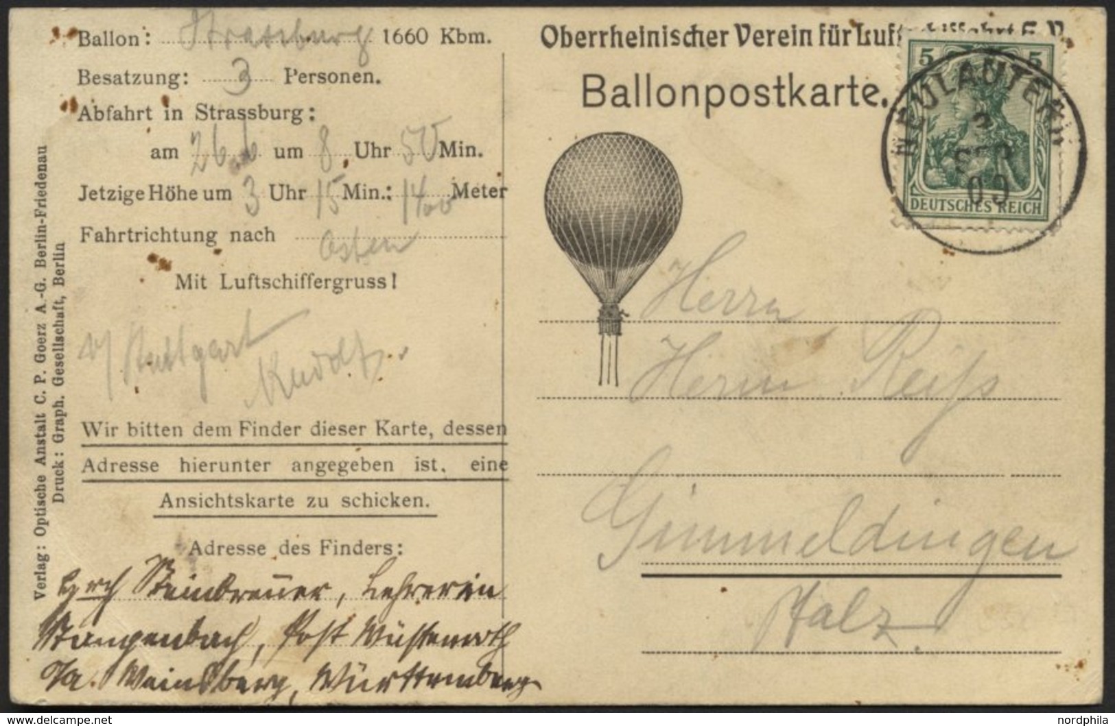 BALLON-FAHRTEN 1897-1916 26.6.1909, Oberrheinischer Verein Der Luftschiffahrt Strassburg, Abwurf Vom Ballon STRASSBURG M - Fesselballons