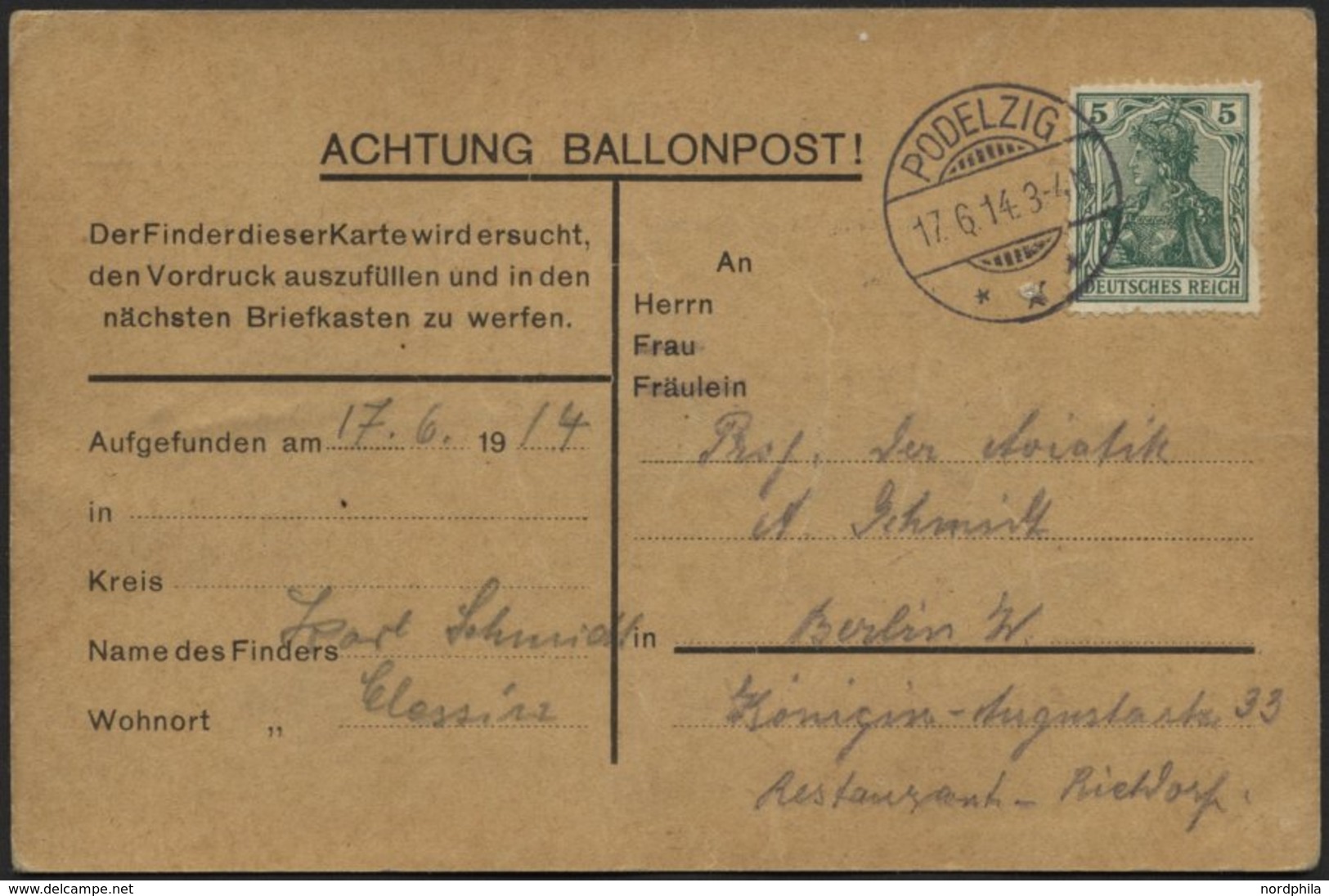 BALLON-FAHRTEN 1897-1916 17.6.1914, Berliner Verein Für Luftschiffahrt, Abwurf Vom Ballon LILIENTHAL Und Fundvermerk, Po - Mongolfiere