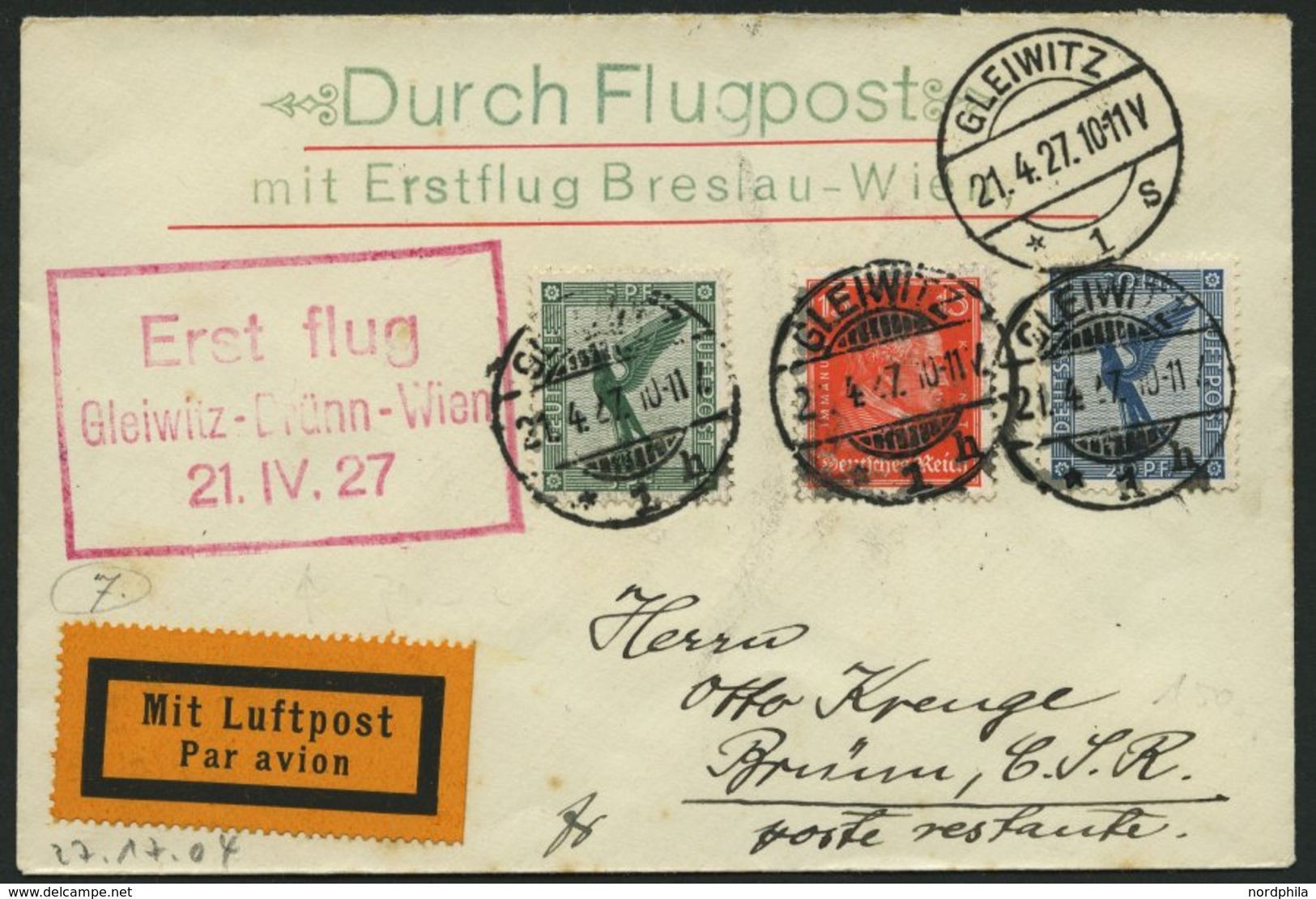 ERST-UND ERÖFFNUNGSFLÜGE 27.17.04 BRIEF, 21.4.1927, Gleiwitz-Brünn, Aptierter Luftpostbestätigungsstpl. G 13-02!, Pracht - Zeppelin