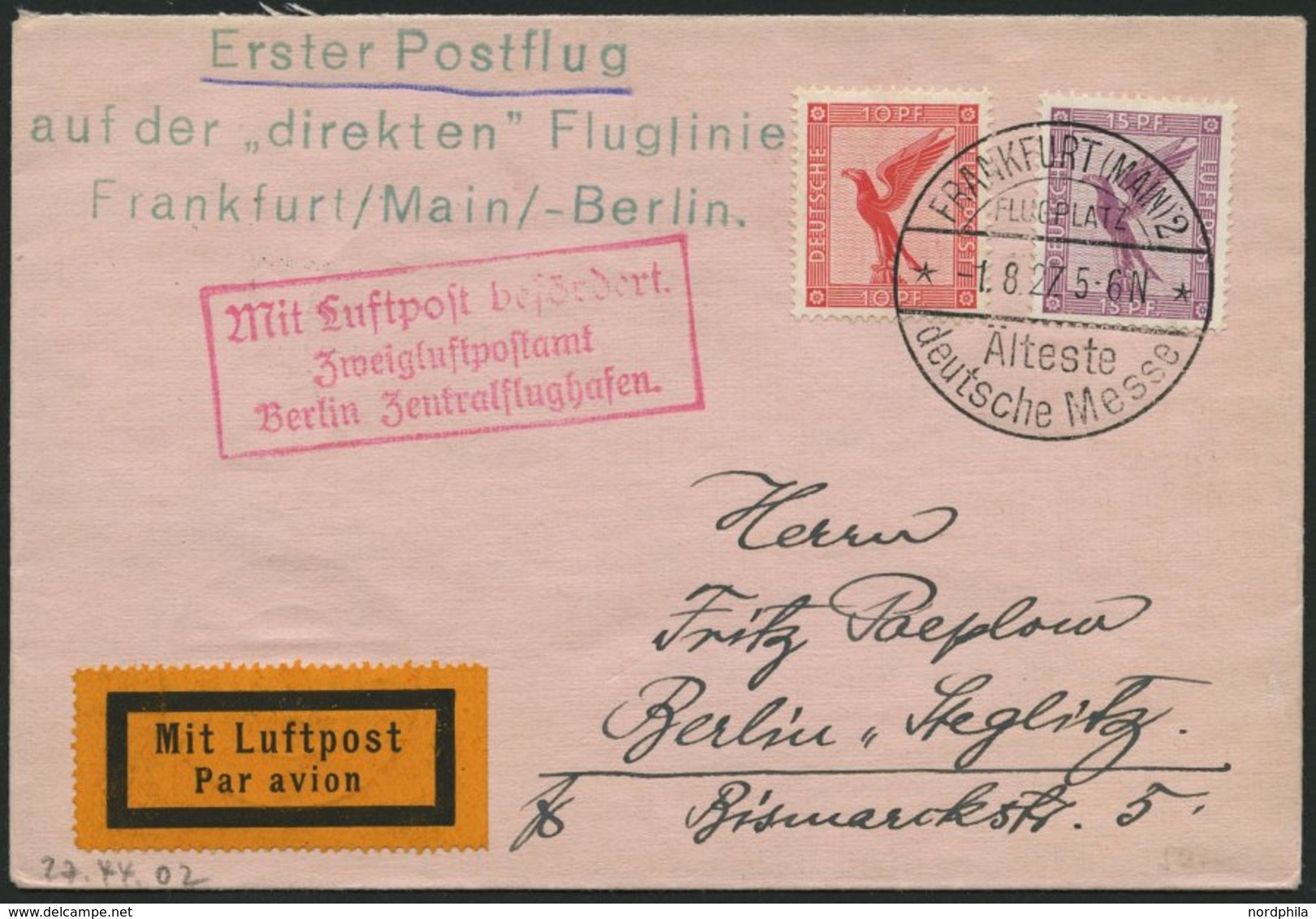 ERST-UND ERÖFFNUNGSFLÜGE 27.44.02 BRIEF, 1.8.1927, Frankfurt-Berlin, Prachtbrief - Zeppelines