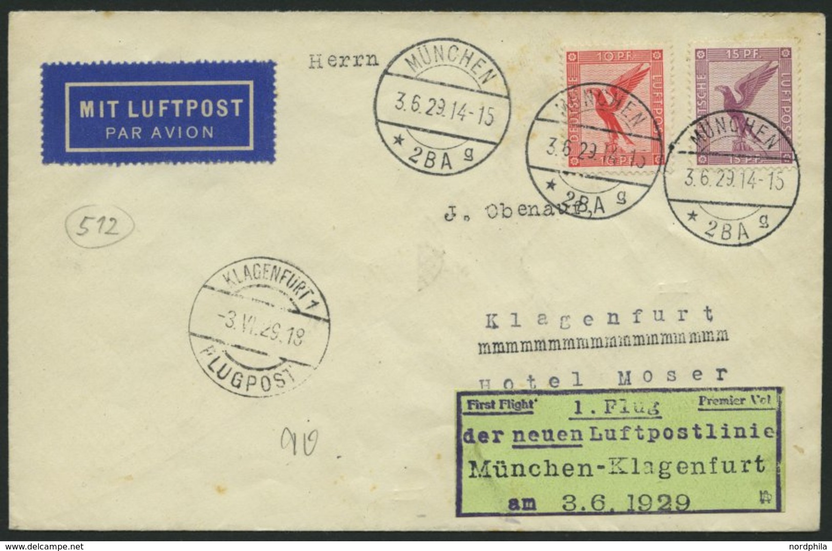 ERST-UND ERÖFFNUNGSFLÜGE 29.18.02 BRIEF, 3.6.1929, München-Klagenfurth, Prachtbrief - Zeppelins