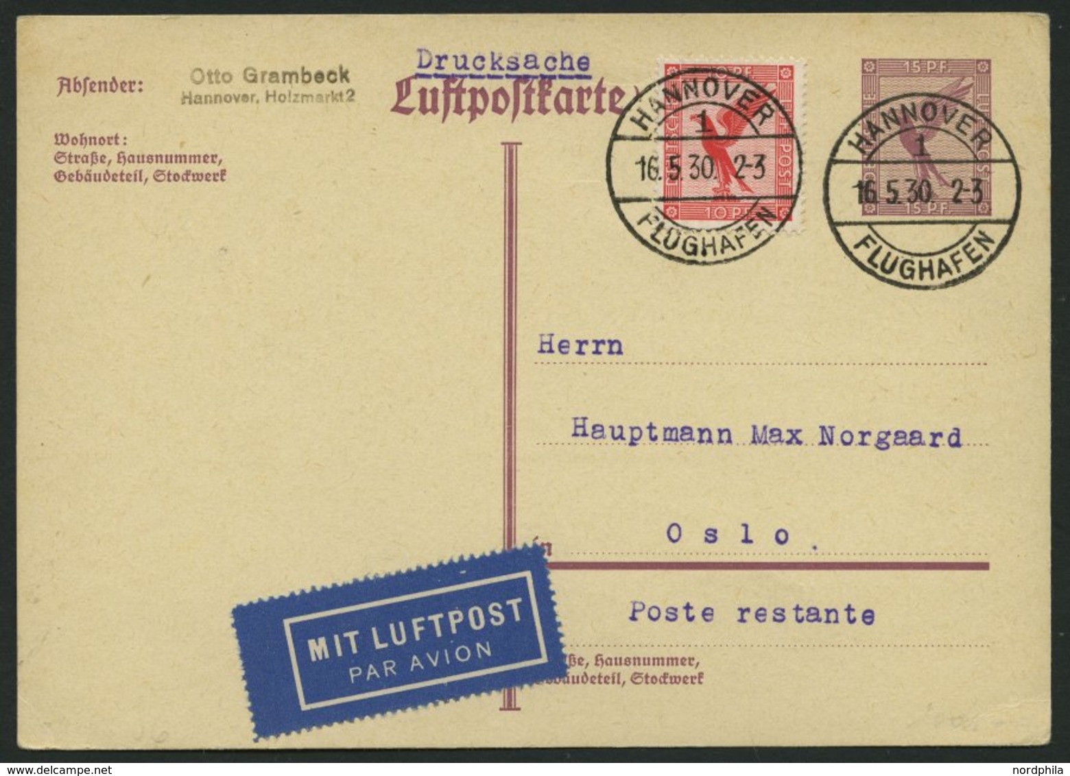 ERST-UND ERÖFFNUNGSFLÜGE 30.23.06 BRIEF, 16.5.1930, Hannover-Oslo, 15 Pf. Flugpost-Ganzsachenkarte P 169! Mit Zusatzfran - Zeppeline