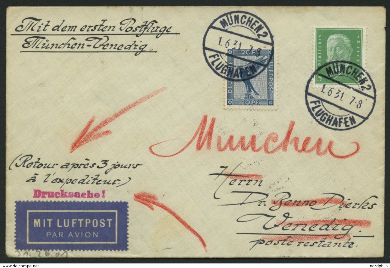 ERST-UND ERÖFFNUNGSFLÜGE 31.26.01 BRIEF, 1.6.1931, München-Venedig, Prachtbrief - Zeppelin