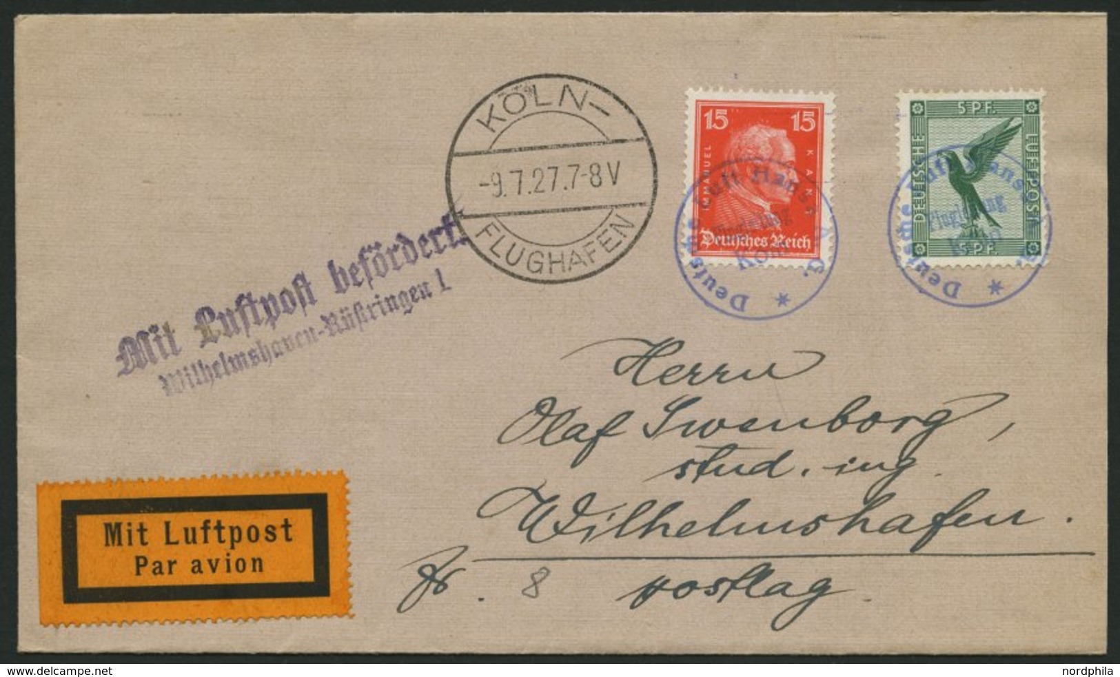 FLUGLEITUNGSSTEMPEL 35/03/a BRIEF, 1927, KÖLN, Violetter K1, Violetter Luftpostbestätigungsstpl. Wilhelmshaven-Rüstringe - Flugzeuge