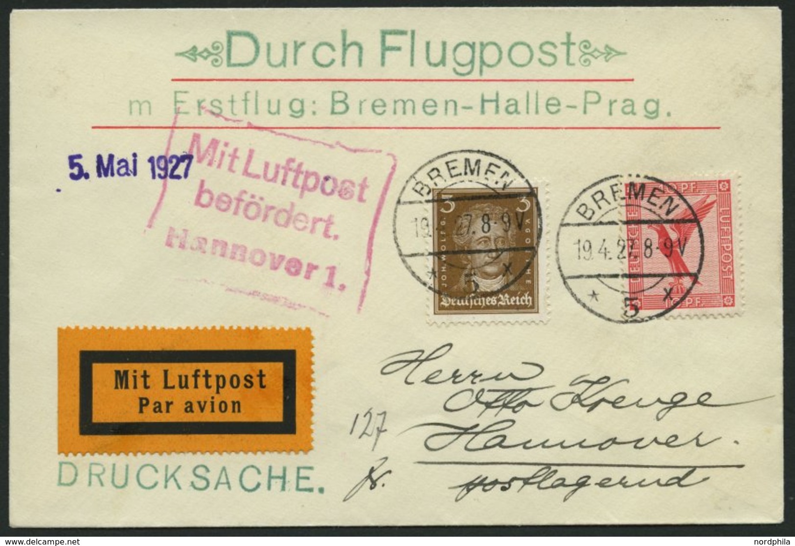 LUFTPOSTBESTÄTIGUNGSSTPL 52-02a BRIEF, HANNOVER, R3 In Rot, Auf Erstflug Bremen-Halle-Prag, Drucksache, Pracht - Correo Aéreo & Zeppelin