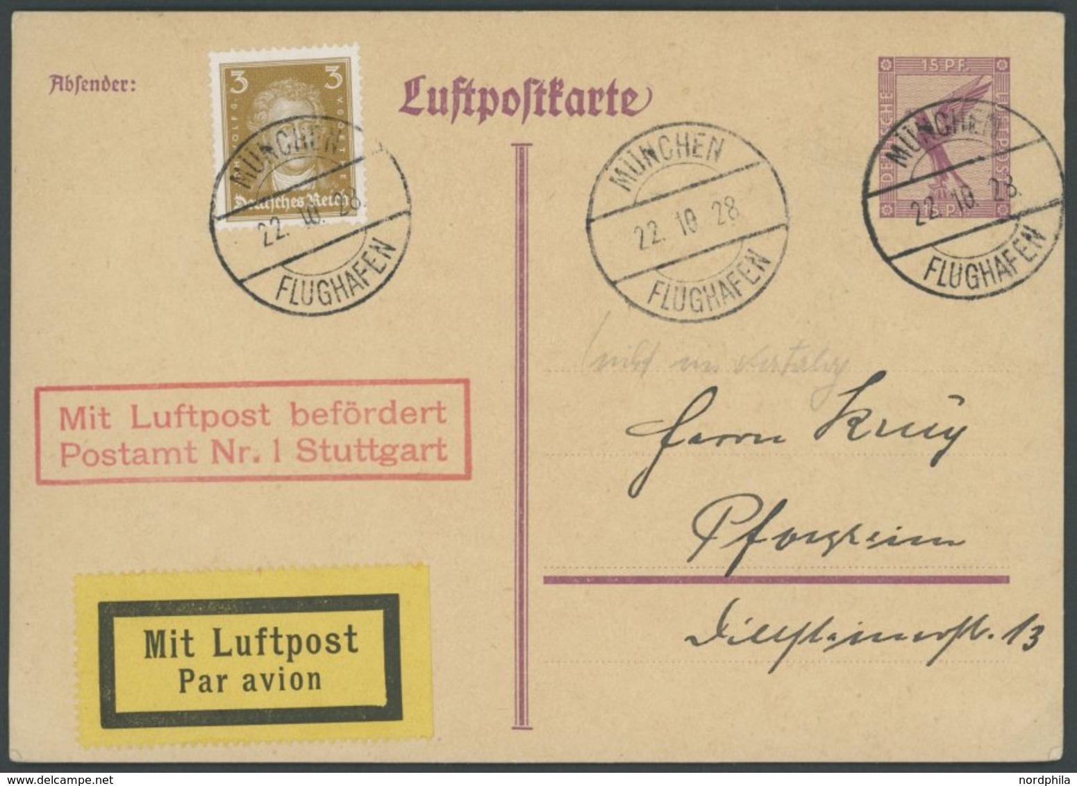 LUFTPOSTBESTÄTIGUNGSSTPL 99-03a BRIEF, STUTTGART, R2 In Rot, Luftpostkarte Von MÜNCHEN Nach Pforzheim, Pracht - Poste Aérienne & Zeppelin