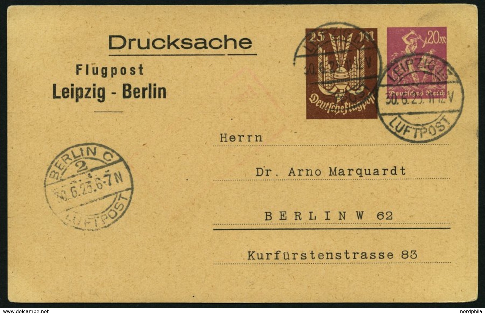 LUFTPOST-GANZSACHEN LPP 81-013 BRIEF, 30.6.1923, 25 Mark Braun Neben 20 Mark Lila Drucksache, Leipzig - Berlin, Prachtka - Flugzeuge