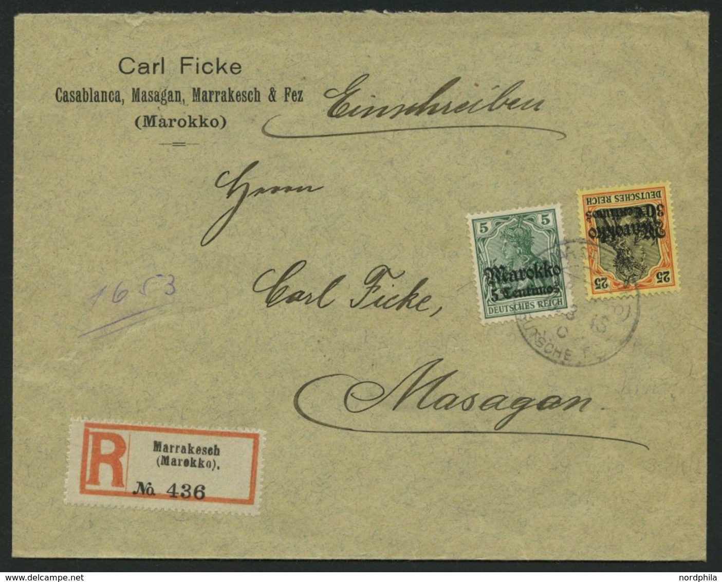 DP IN MAROKKO 47,50I BRIEF, 1913, 5 C. Auf 5 Pf. Grün, Mit Wz., Auf Einschreibbrief Mit Stempel MARRAKESCH DP C Nach Mas - Maroc (bureaux)