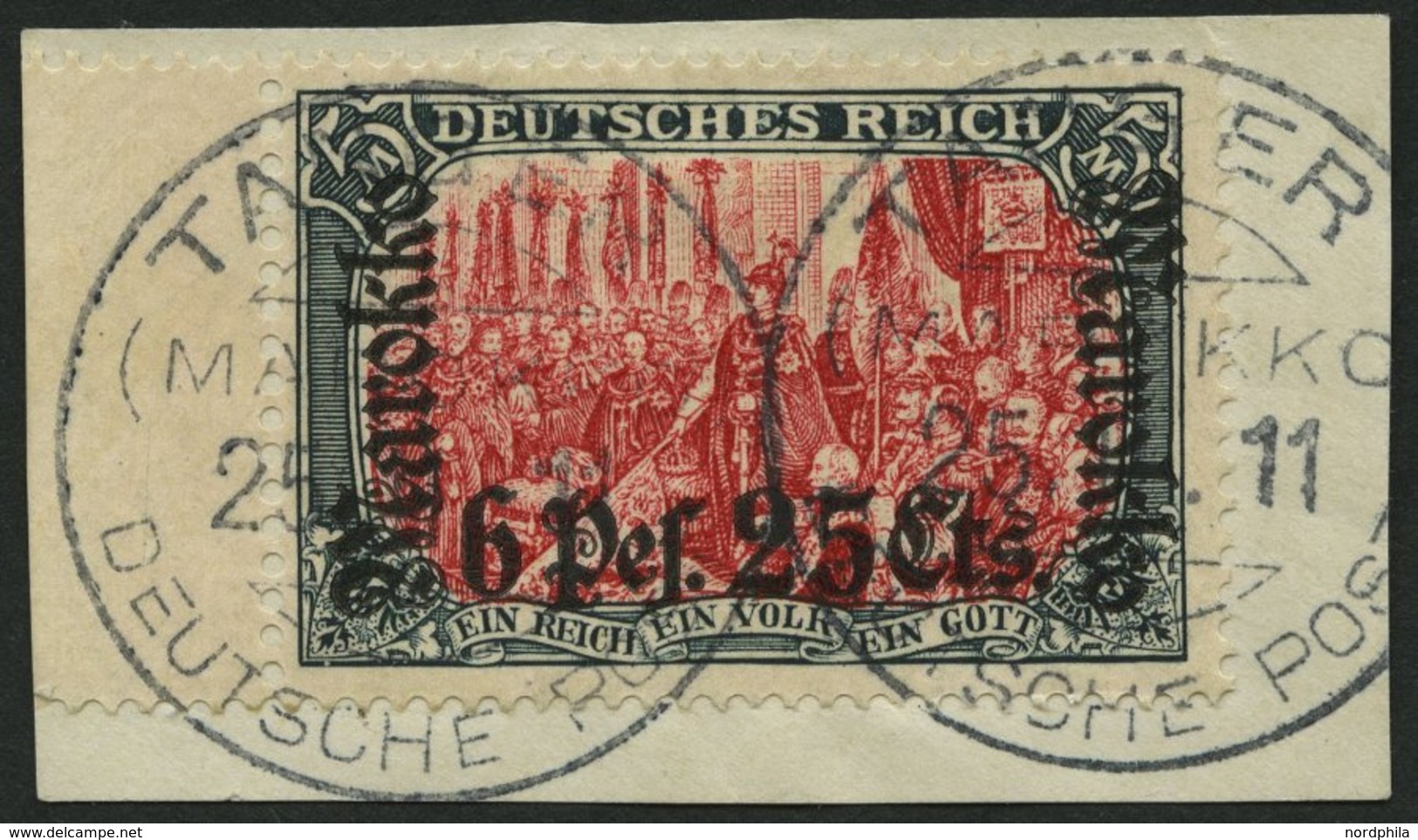 DP IN MAROKKO 58IAa BrfStk, 1911, 6 P. 25 C. Auf 5 M., Friedensdruck, Linkes Randstück, Prachtbriefstück, Signiert, Mi.  - Deutsche Post In Marokko