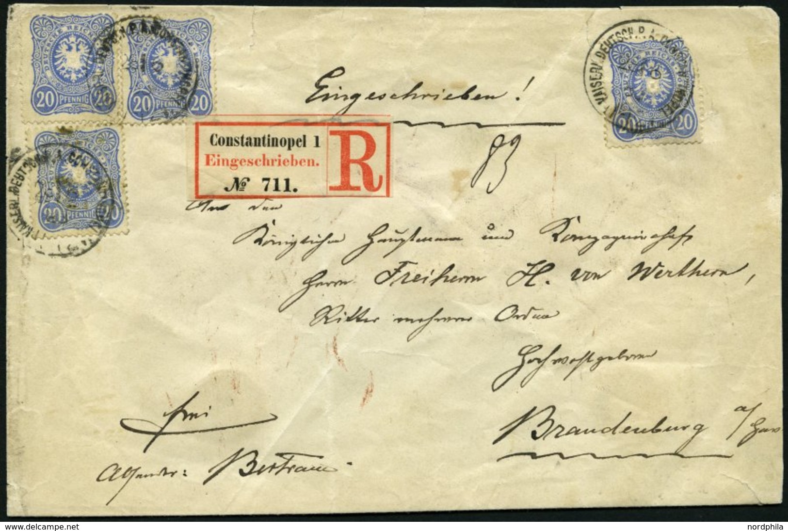 DP TÜRKEI V 42 BRIEF, 28.6.1883, 20 Pf. Ultramarin, 4x (eine Marke Fehlende Ecke), Auf Einschreibbrief Nach Brandenburg, - Turchia (uffici)