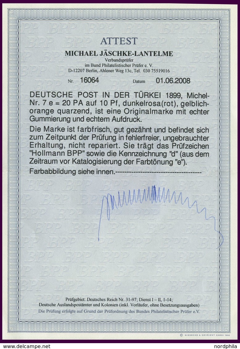DP TÜRKEI 7e *, 1899, 20 PA. Auf 10 Pf. Dunkelrosa, Falzrest, Pracht, Fotoattest Jäschke-L. - Deutsche Post In Der Türkei