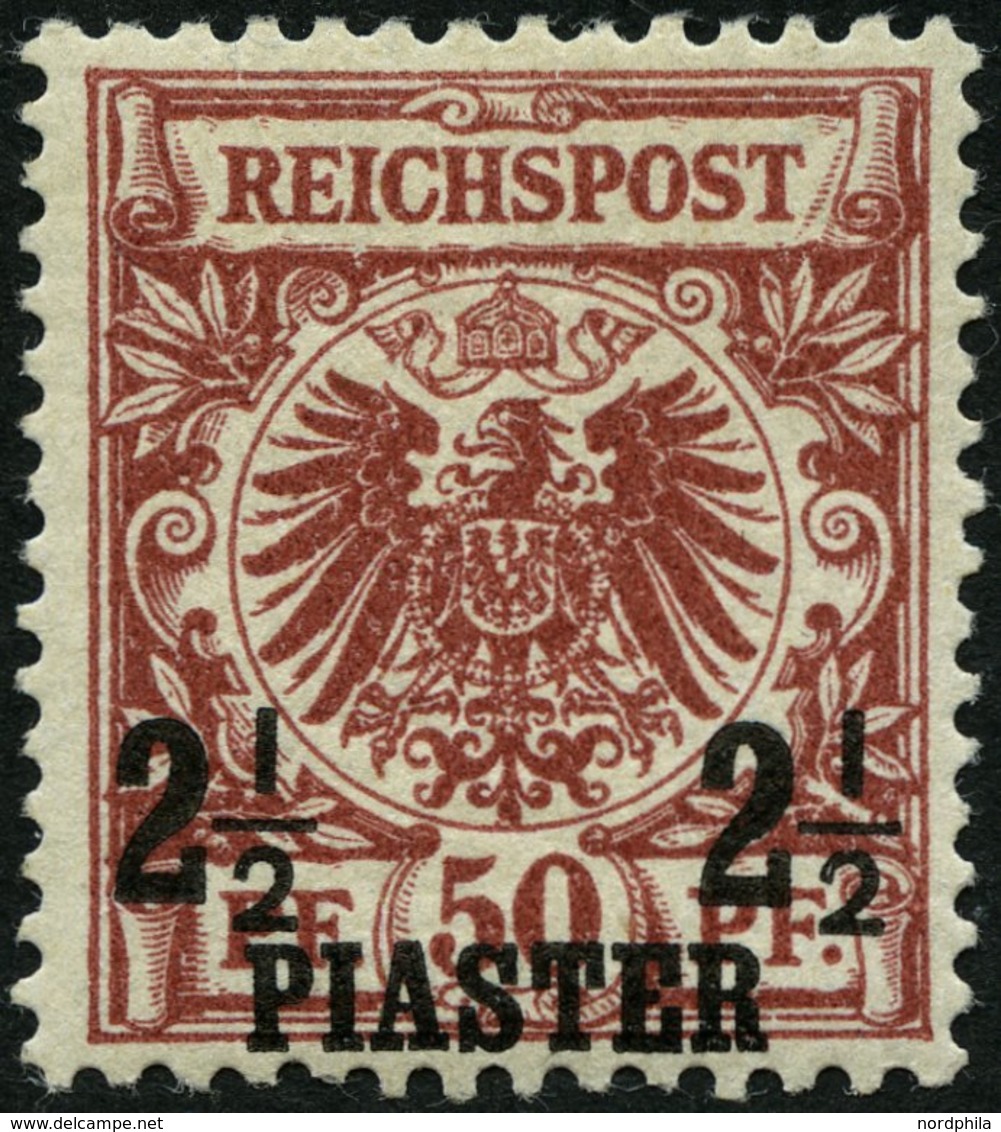 DP TÜRKEI 10a *, 1889, 21/2 PIA. Auf 50 Pf. Bräunlichrot, Falzreste, Pracht, Fotoattest Steuer, Mi. 440.- - Turquia (oficinas)