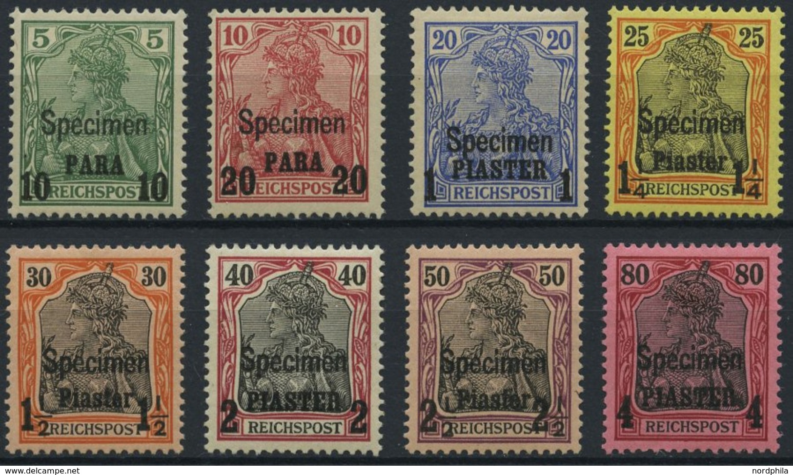 DP TÜRKEI 12-19ISP *, 1900, 10 PA. Auf 5 Pf. - 4 PIA. Auf 80 Pf., Aufdruck SPECIMEN, Falzrest, 8 Prachtwerte, Mi. 1440.- - Turquia (oficinas)