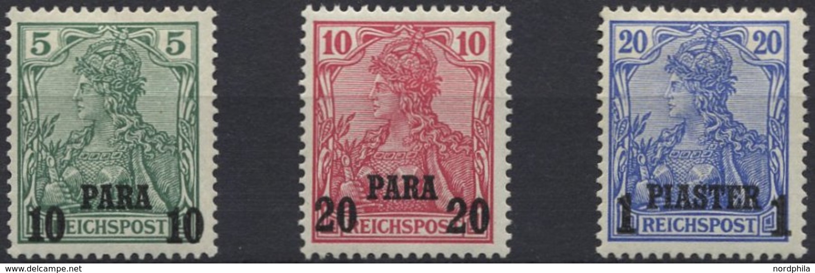 DP TÜRKEI 12-14II *, 1902, 10 PA. Auf 5 Pf. - 1 PIA. Auf 20 Pf., Aufdruck Type II, Falzreste, 3 Prachtwerte, Mi. 61.- - Turchia (uffici)