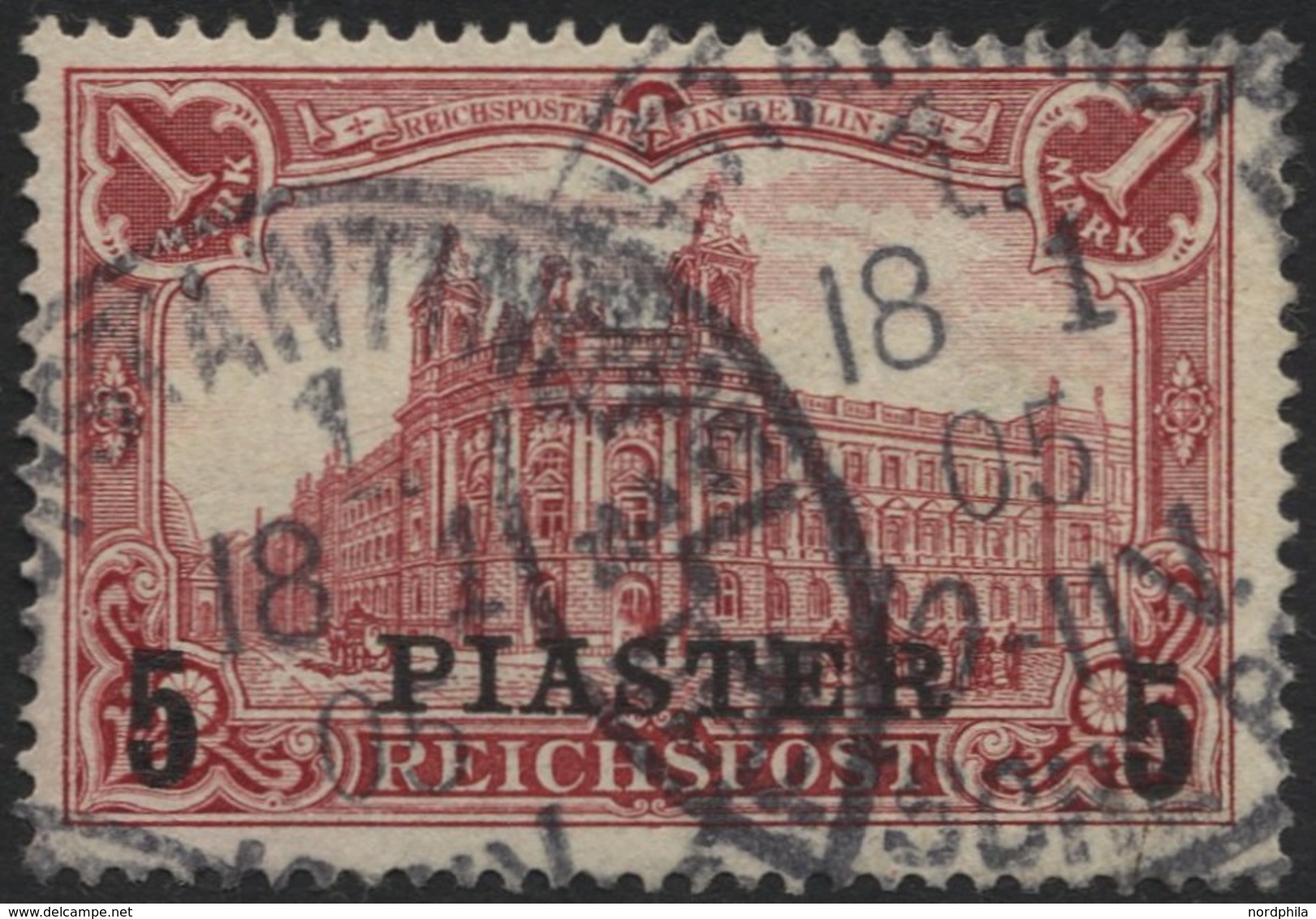 DP TÜRKEI 20IIPFII O, 1903, 5 PIA. Auf 1 M., Aufdruck Type II, Mit Plattenfehler Farbstrich Vom Rechten Fenster Im Erste - Turquie (bureaux)