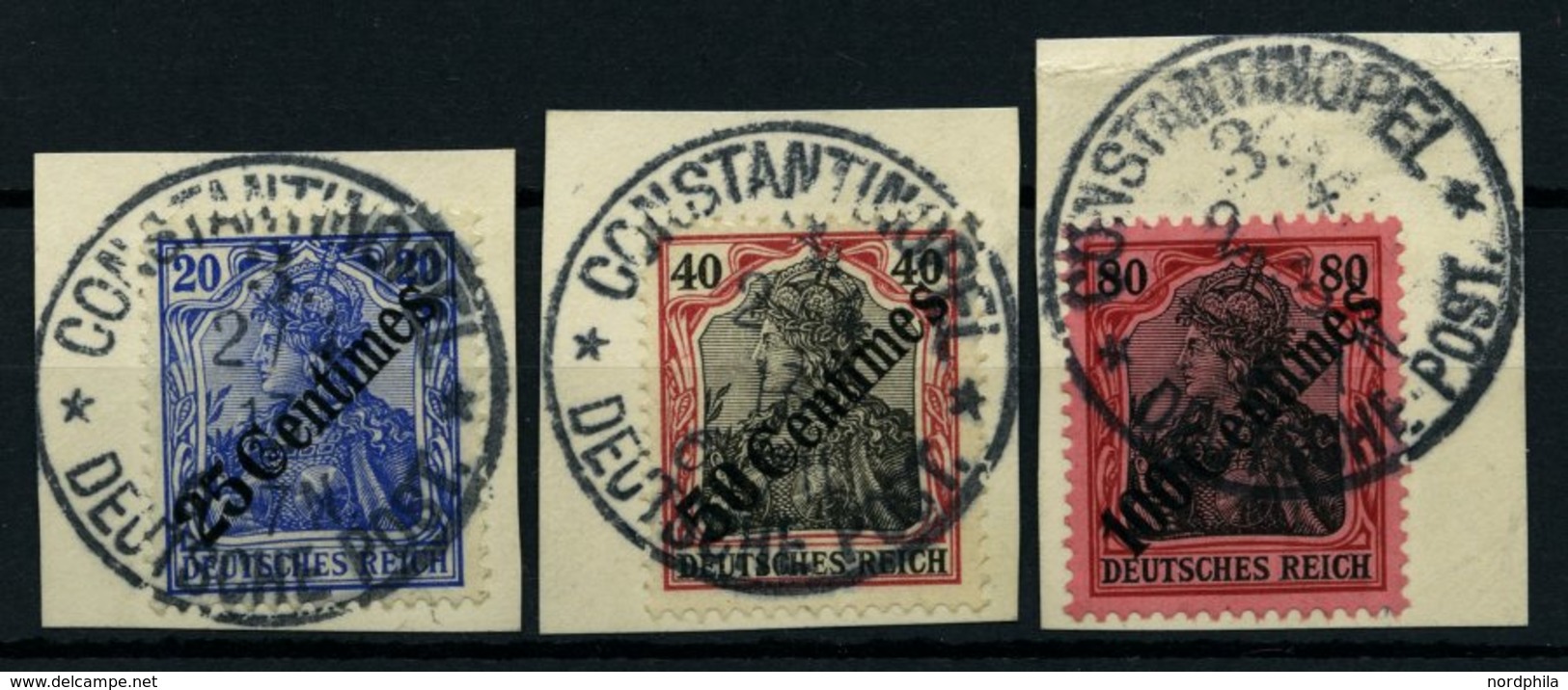 DP TÜRKEI 50-52 BrfStk, 1908, 25 C. Auf 20 - 100 C Auf 80 Diagonaler Aufdruck Mit Stempeln CONSTANTINOPEL 3 **, 3 Pracht - Deutsche Post In Der Türkei