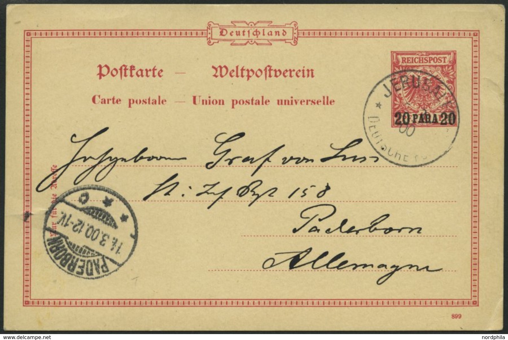 DP TÜRKEI P 5 BRIEF, 1900, 20 PA. Auf 10 Pf. Rosa Mit Unbeschädigtem Stempel JERUSALEM 5.3.00 Nach Deutschland, Pracht - Turchia (uffici)