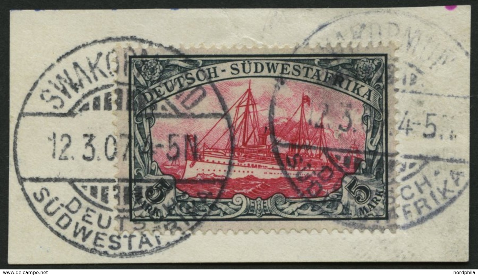 DSWA 23 BrfStk, 1901, 5 M. Grünschwarz/bräunlichkarmin, Ohne Wz., Prachtbriefstück, Mi. (200.-) - Africa Tedesca Del Sud-Ovest