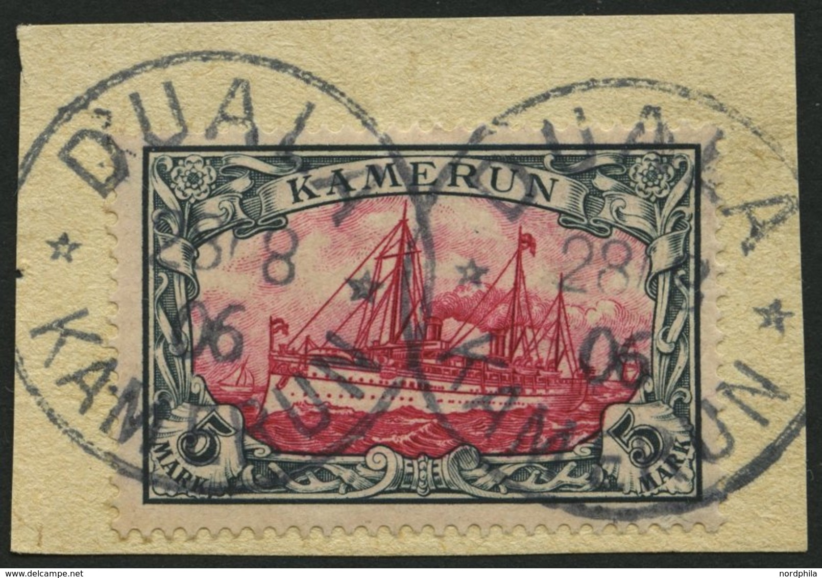 KAMERUN 19 BrfStk, 1900, 5 M. Grünschwarz/rot, Ohne Wz., Stempel DUALA, Prachtbriefstück, Mi. (600.-) - Cameroun