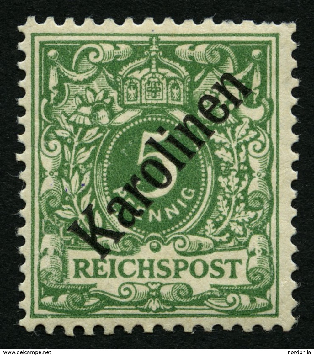 KAROLINEN 2I *, 1899, 5 Pf. Diagonaler Aufdruck, Falzrest, Oben Rechts 3 Kürzere Zähne Sonst Pracht, Gepr. Bothe, Mi. 75 - Carolines