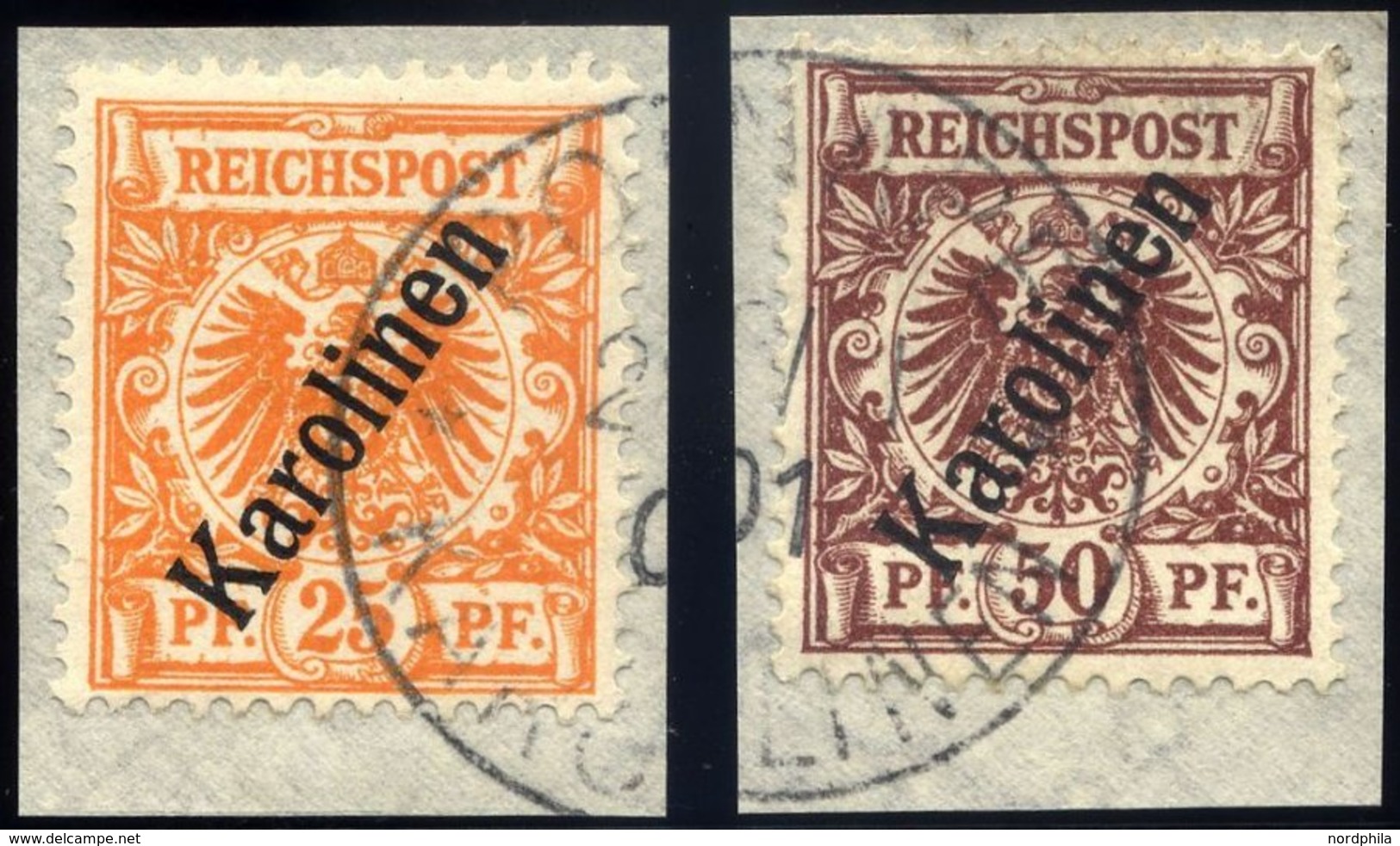 KAROLINEN 5a,6II BrfStk, 1900, 25 Und 50 Pf. Steiler Aufdruck, 2 Prachtbriefstücke, Mi. 140.- - Karolinen