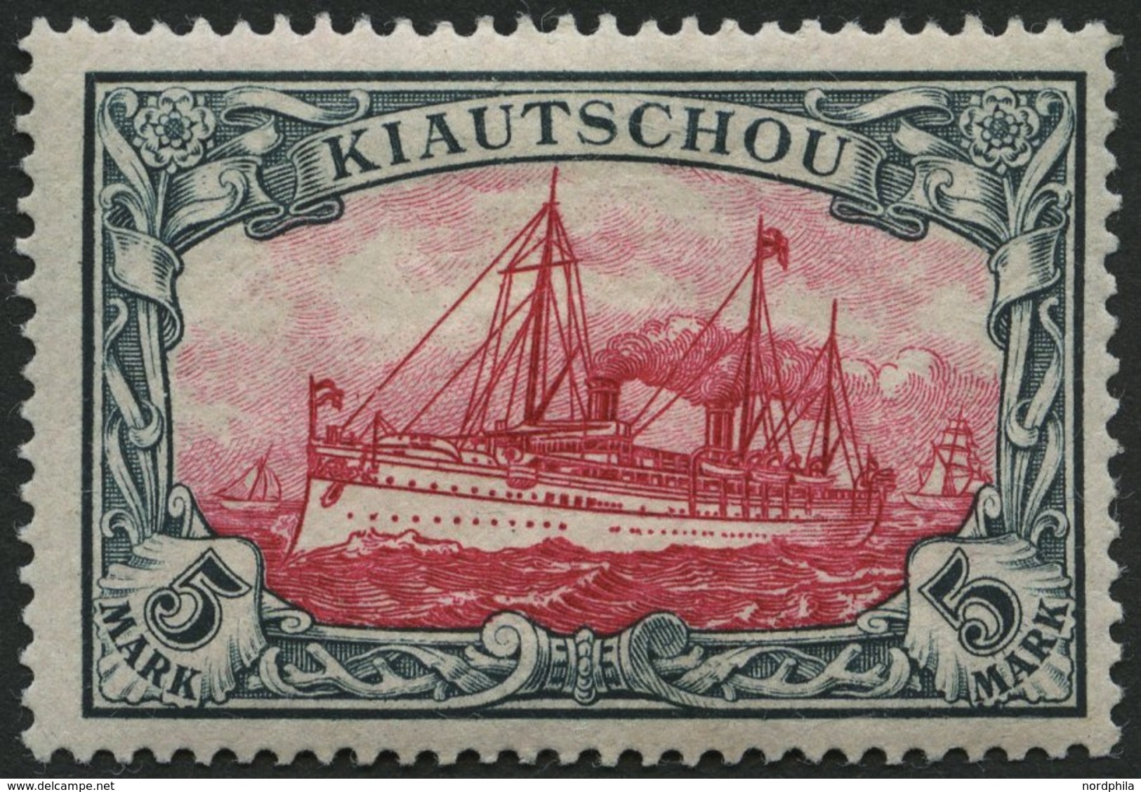 KIAUTSCHOU 17 *, 1901, 5 M. Grünschwarz/bräunlichkarmin, Falzrest, Pracht, Fotobefund Jäschke-L., Mi. 250.- - Kiautschou