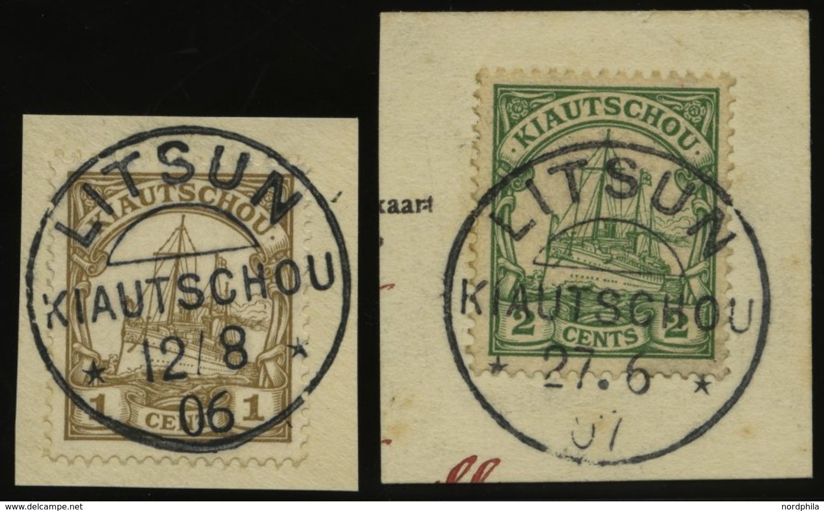 KIAUTSCHOU 18/9 BrfStk, 1914, 1 C. Und 2 C. Kaiseryacht, Ohne Wz., Stempel LITSUN, 2 Prachtbriefstücke - Kiautchou