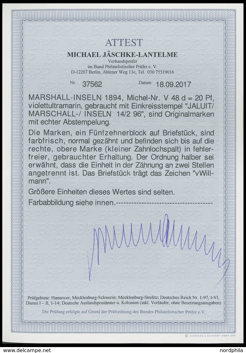 MARSHALL-INSELN V 48d BrfStk, 1896, 20 Pf. Violettultramarin Im 15er-Block Auf Leinenbriefstück, Stempel JALUIT 14.2.96, - Marshall