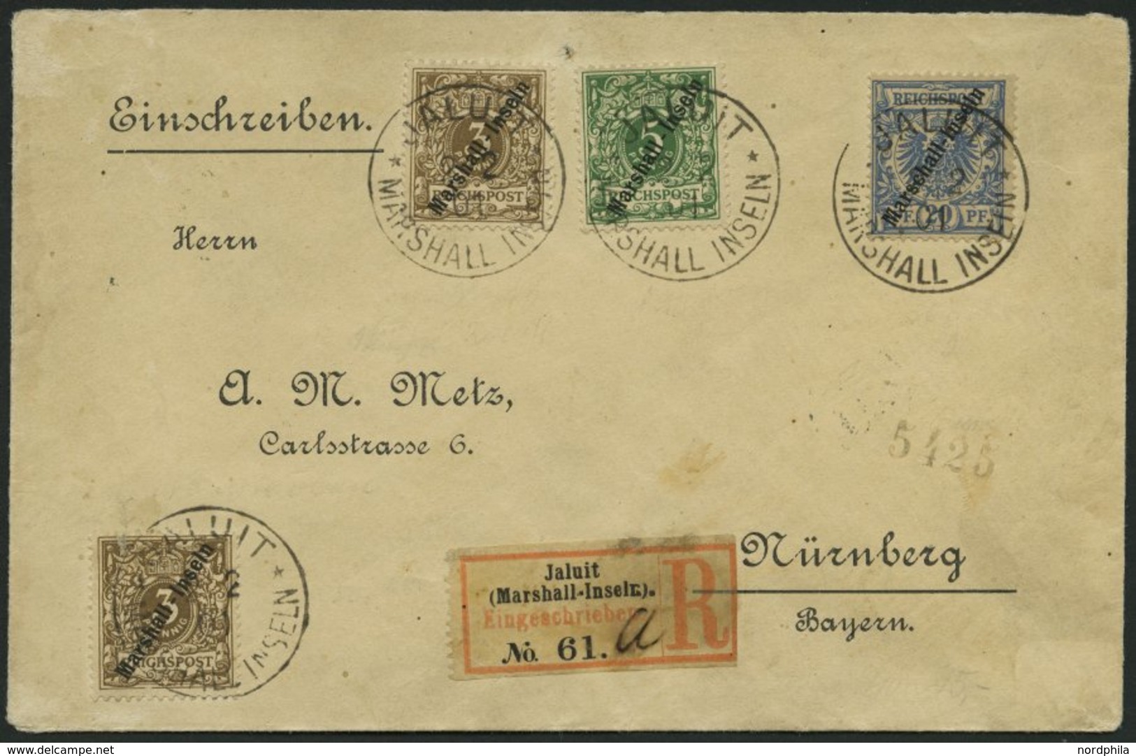 MARSHALL-INSELN 4II,7a BRIEF, 1901, 20 Pf. Berliner Ausgabe Mit 2x 3 Pf. (ein Wert Mängel) Und 5 Pf. Auf Leicht überfran - Marshall Islands