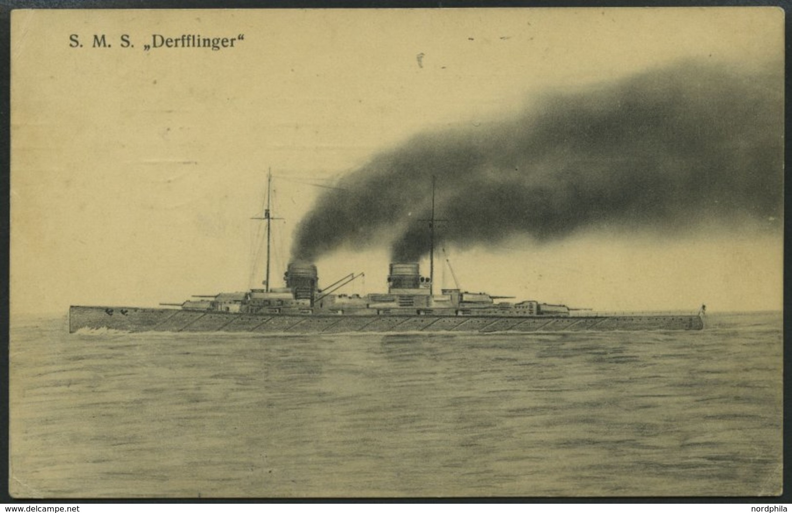 MSP VON 1914 - 1918 (Schlachtkreuzer DERFFLINGER), 19.10.1914, Blauer Briefstempel, Feldpost-Ansichtskarte (S.M.S. Derff - Maritime