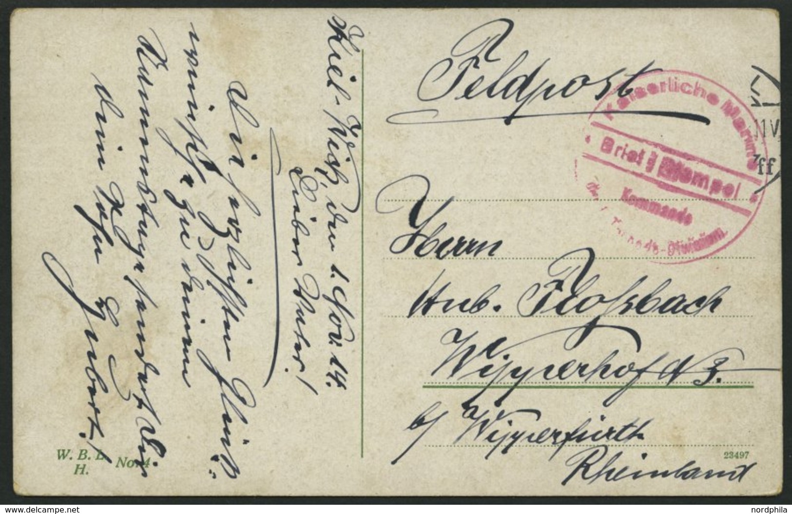 MSP VON 1914 - 1918 (18. Torpedoboot Division), 1.11.1914, Roter Briefstempel, Feldpost-Ansichtskarte (Hochseetorpedotbo - Marittimi