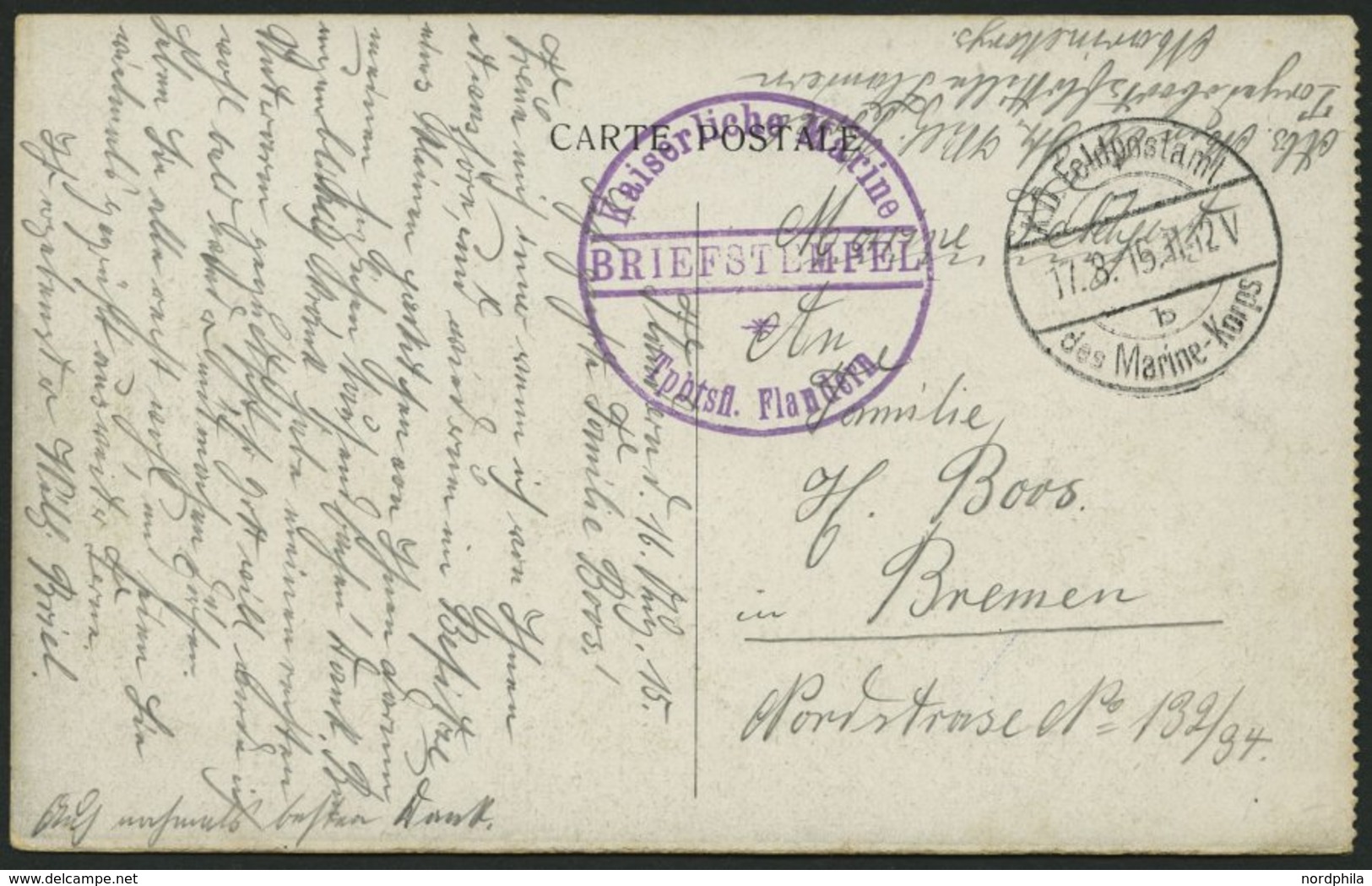 MSP VON 1914 - 1918 (Torpedobootflottille FLANDERN), 17.8.1915, Violetter Briefstempel Und FP-Stempel B, Feldpost-Ansich - Schiffahrt