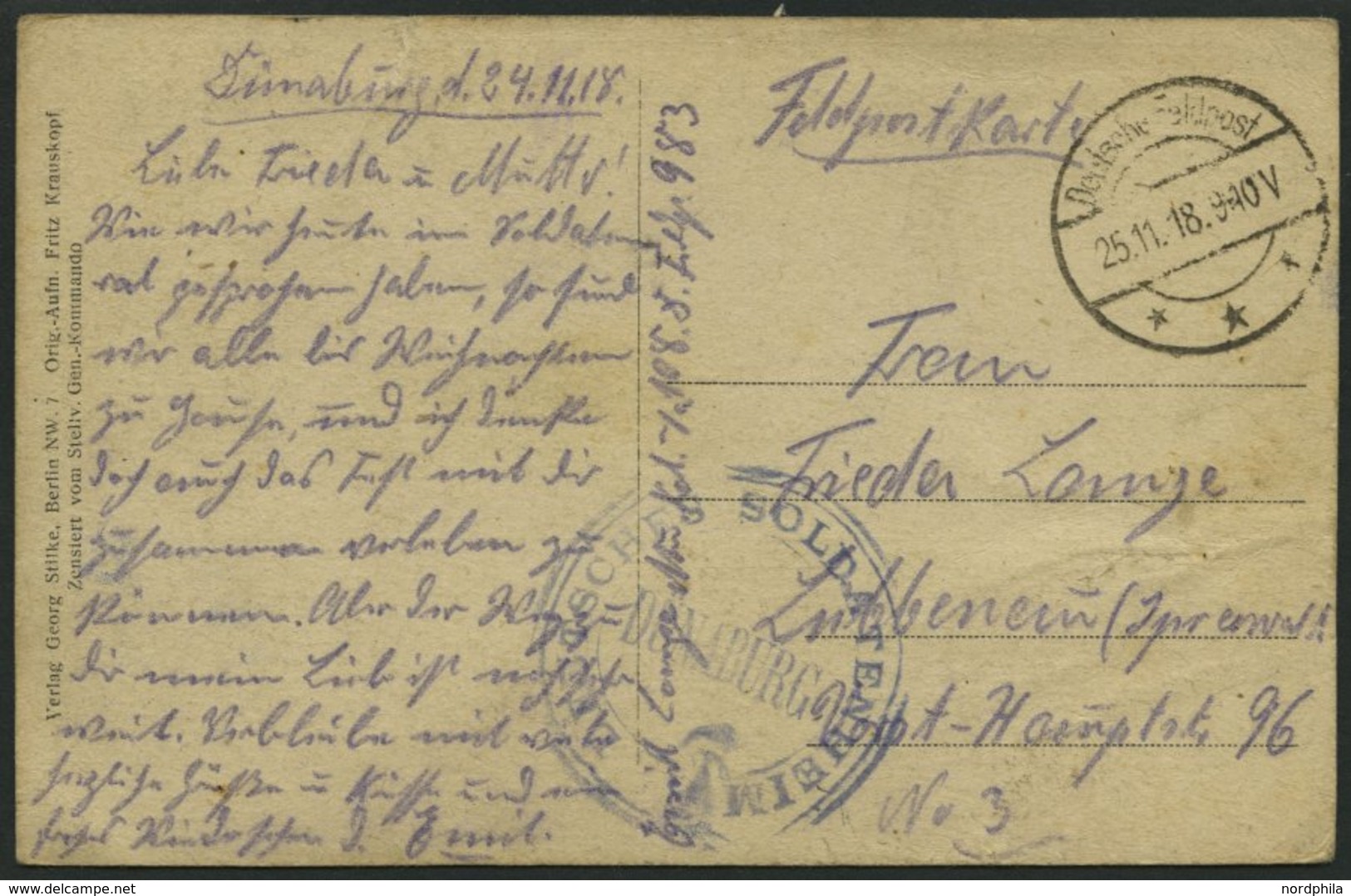 DT. FP IM BALTIKUM 1914/18 Deutsches Soldatenheim Dünaburg, Blauer K2, Mit Tarnstempel DEUTSCHE FELDPOST ***, Spätes Dat - Lettonia