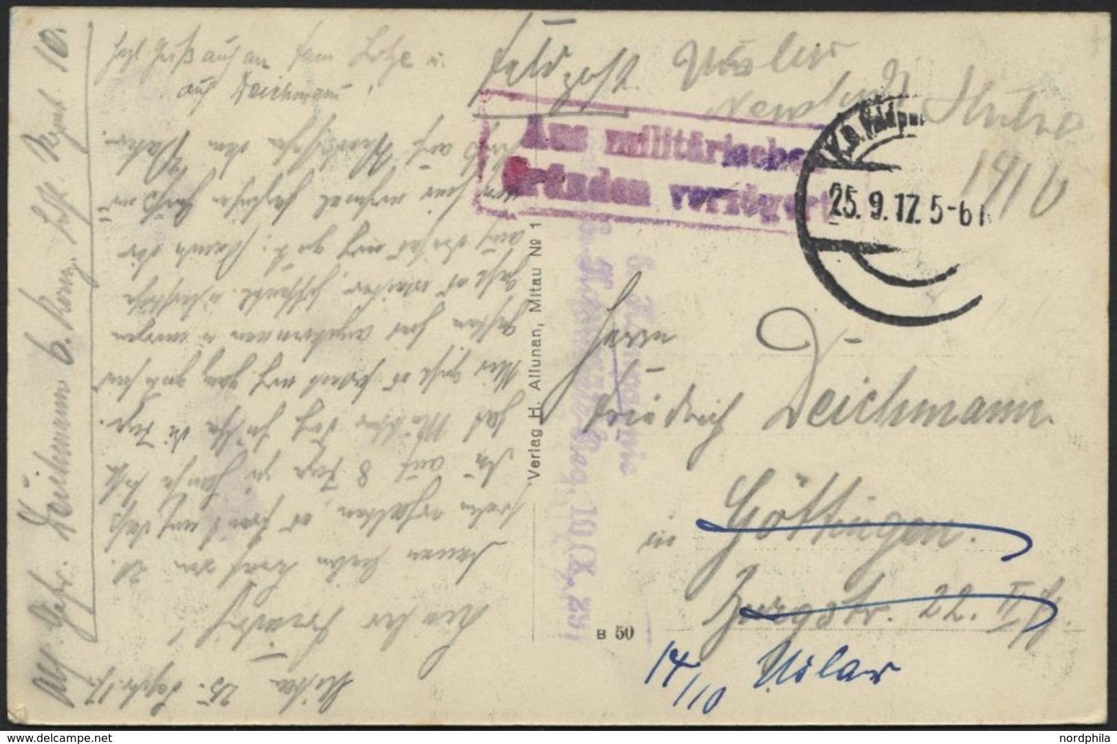 LETTLAND Feldpoststation Nr. 214, 25.9.17, Mit Aptiertem Stempel K.D. FELDPOST Auf Farbiger Ansichtskarte (Mitau-Schloß) - Letonia