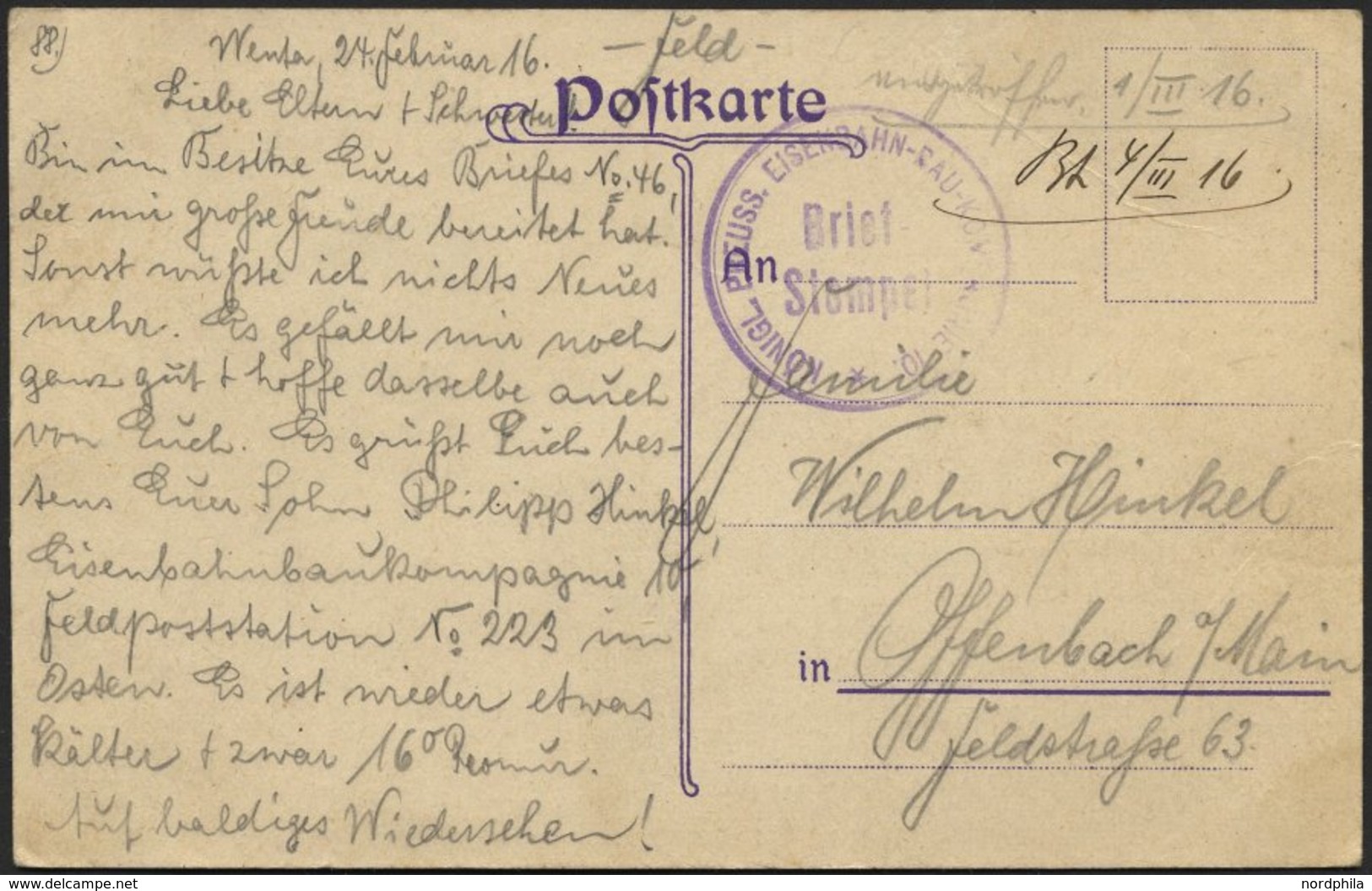 LETTLAND Feldpoststation Nr. 223, 4.3.16 (handschriftlich, Ohne Feldpoststempel), Auf Farbiger Ansichtskarte (Libau-Bahn - Lettonia