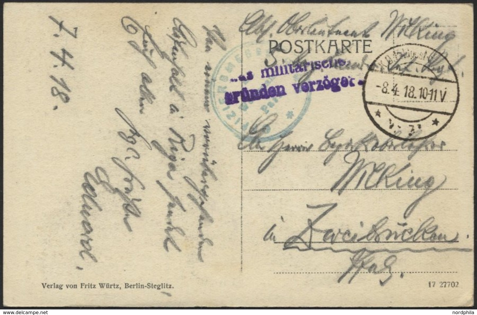 LETTLAND Feldpoststation Nr. 383, 8.4.18, Mit Aptiertem Stempel K.D. FELDPOST ** Auf Ansichtskarte (Riga-Konvent Zum Hei - Lettonia