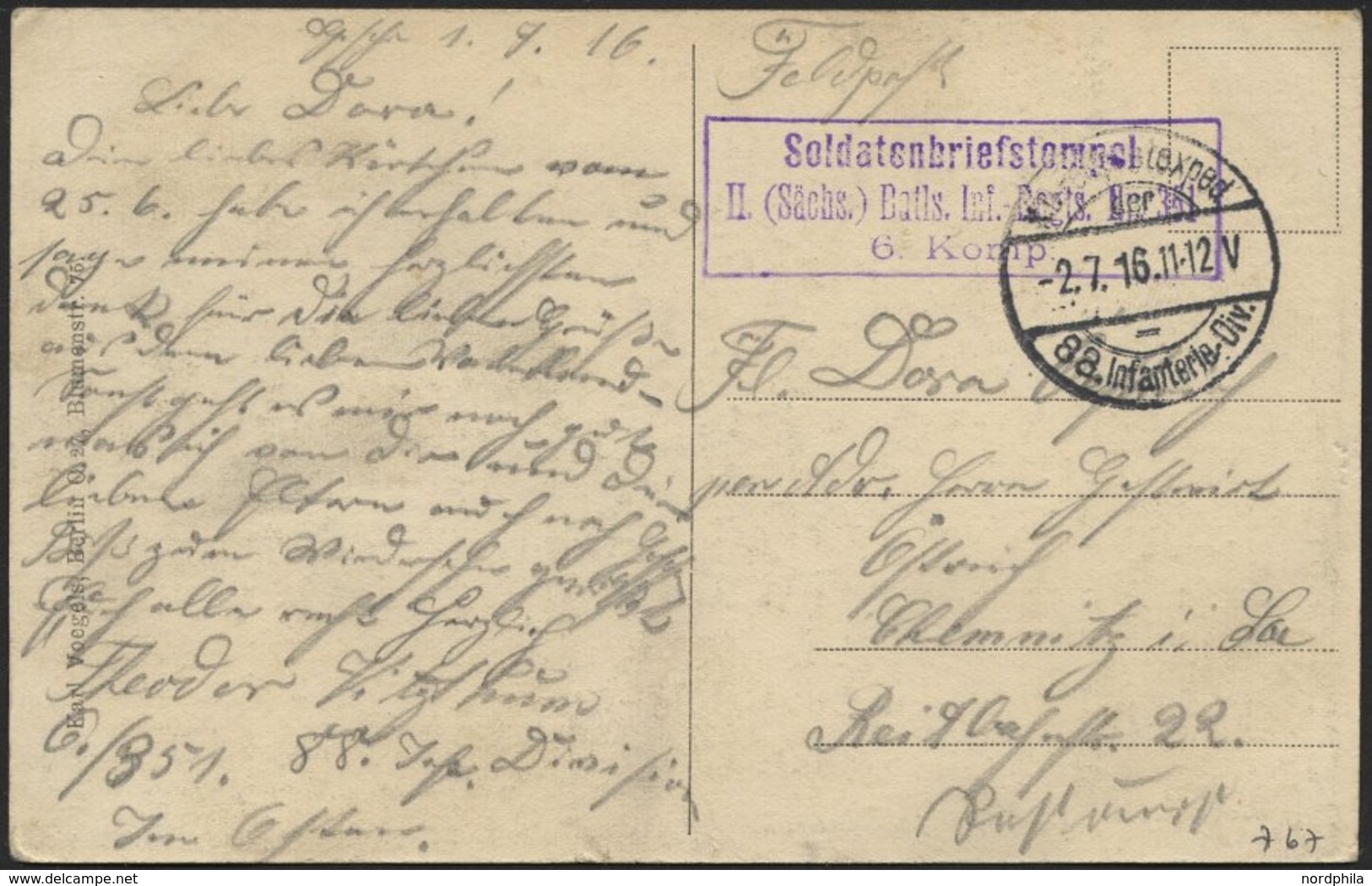 LETTLAND 767 BRIEF, K.D. FELDPOSTEXPED. 88. INFANTERIE-DIV., 2.7.16, Auf Ansichtskarte (Mitau-Poststraße) Nach Chemnitz, - Latvia