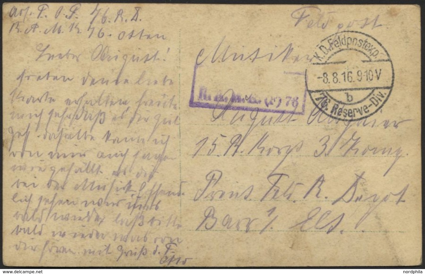 LETTLAND 1298 BRIEF, K.D. FELDPOSTEXP. 76. RESERVE DIV. B, 8.8.16, Auf Ansichtskarte (Schwefelbad In Kurland-Dorfstraße) - Lettonia