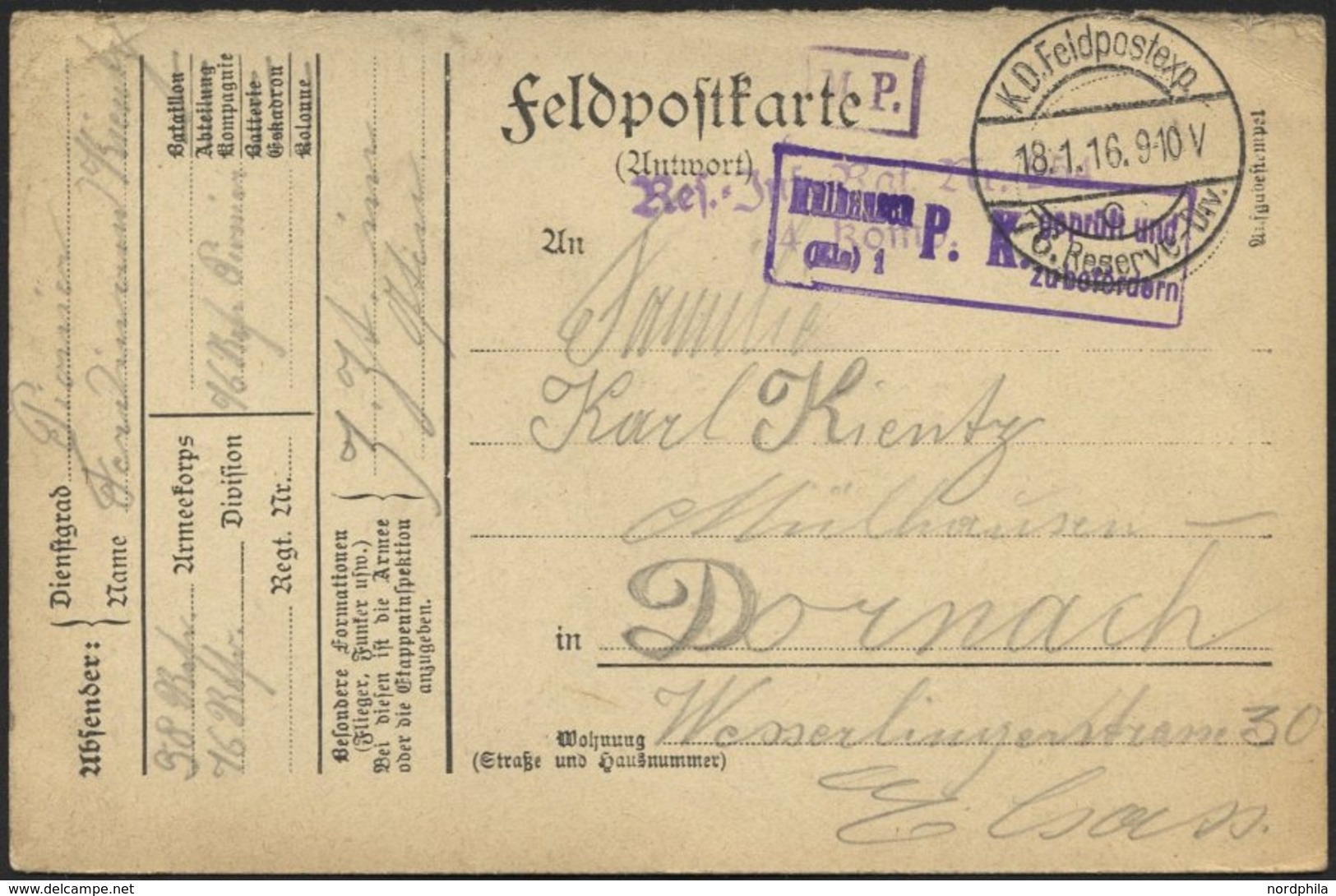 LETTLAND 1299 BRIEF, K.D. FELDPOSTEXP. 76. RESERVE DIV. C, 18.1.16, Auf Feldpost-Vordruckkarte Nach Dornach/Elsaß, Mit V - Latvia