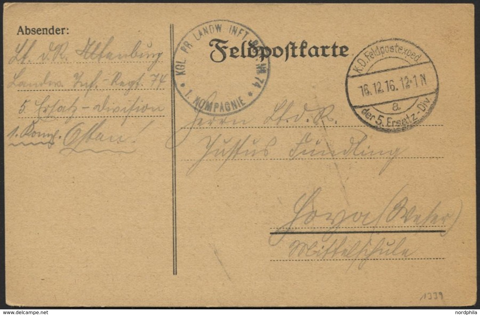 DT. FP IM BALTIKUM 1914/18 K.D. FELDPOSTEXPED. DER 5. ERSATZ-DIV. A, 16.12.16, Auf Feldpostkarte Mit Truppenstempel K1 K - Latvia