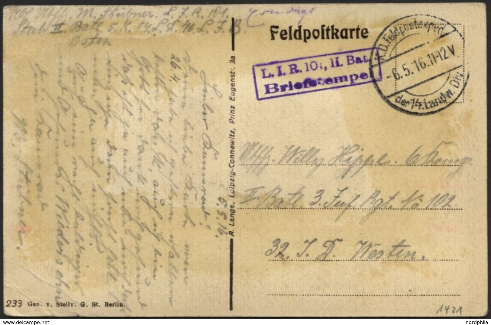 DT. FP IM BALTIKUM 1914/18 K.D. FELDPOSTEXPED. DER 14. LANDW. DIV., 8.5.16, Auf Ansichtskarte (Beute Von Nowo Georgijews - Lettonia