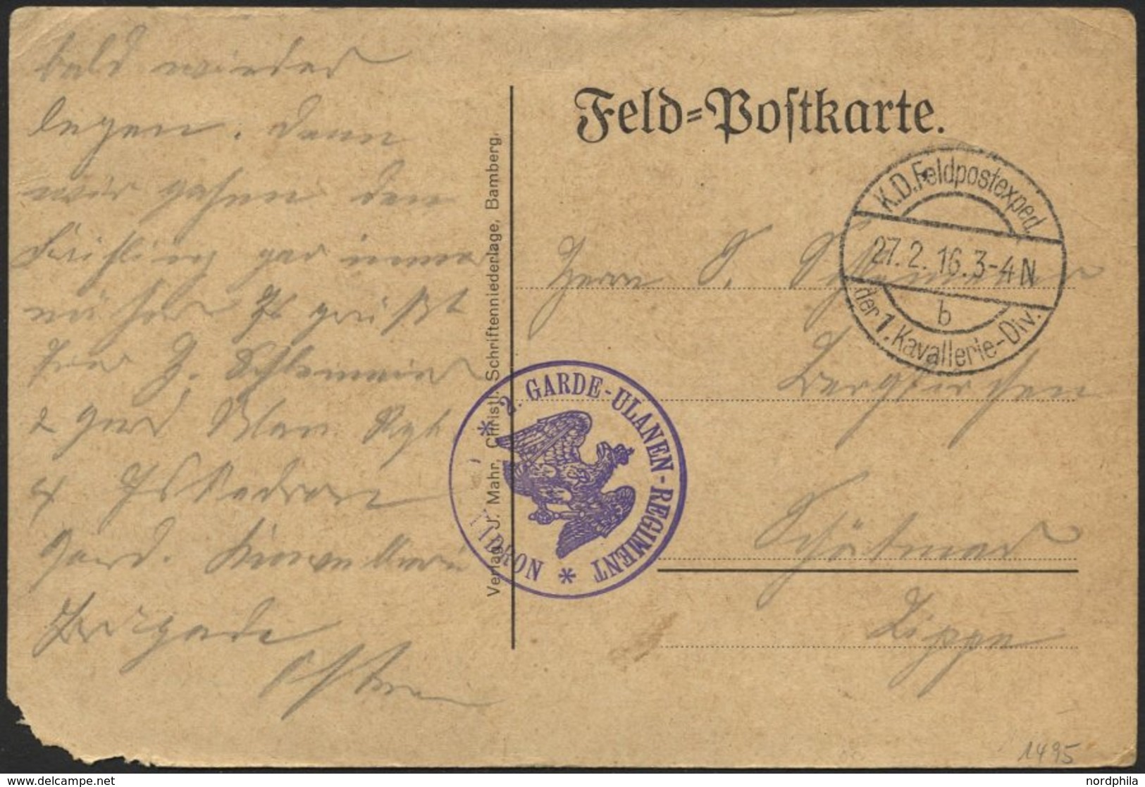 DT. FP IM BALTIKUM 1914/18 K.D. FELDPOSTEXPED. DER 1. KAVALLERIE-DIV. B, 27.2.16, Auf Feldpost-Vordruckkarte, Mit Violet - Latvia