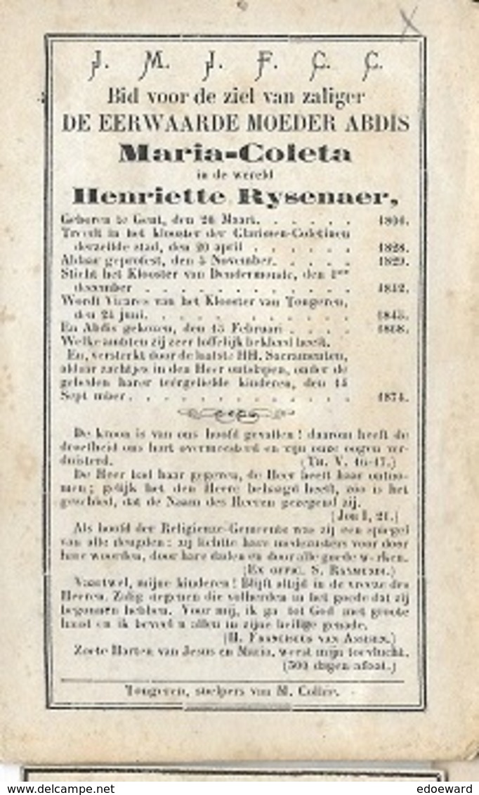 DP3/ °GENT 1806 + TONGEREN? 1874  ABDIS MARIA COLETA=HENRIETTE RYSENAER Abdis Clarissen Te Tongeren - Religion & Esotérisme