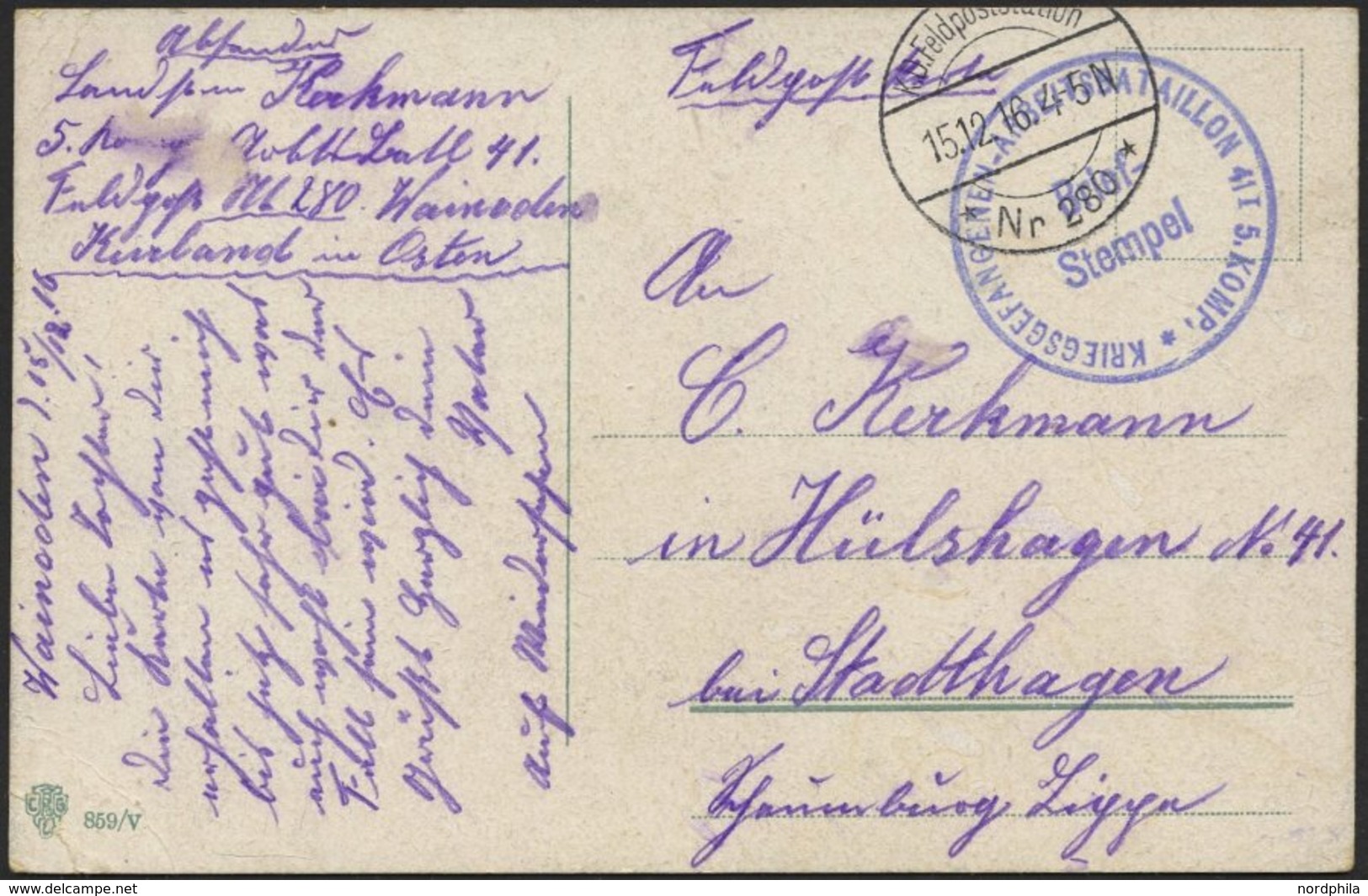 DT. FP IM BALTIKUM 1914/18 K.D. FELDPOSTSTATION NR. 280 **, 15.12.16, Auf Farbiger Ansichtskarte (Herzinnige Weihnachtsw - Lettonia