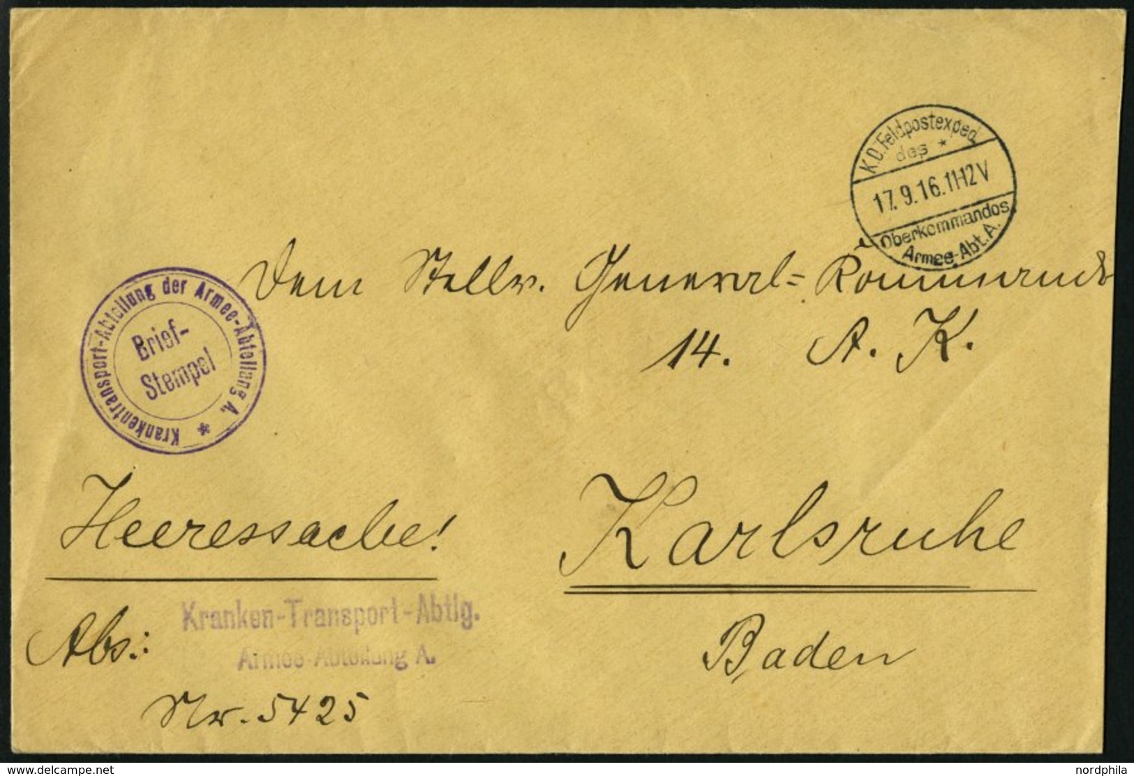 FELDPOST I.WK 1916, Heeressache Mit Briefstempel Und Violettem L2 KRANKEN-TRANSPORT-ABTLG. ARMEE-ABTEILUNG A. Nach Karls - Usados