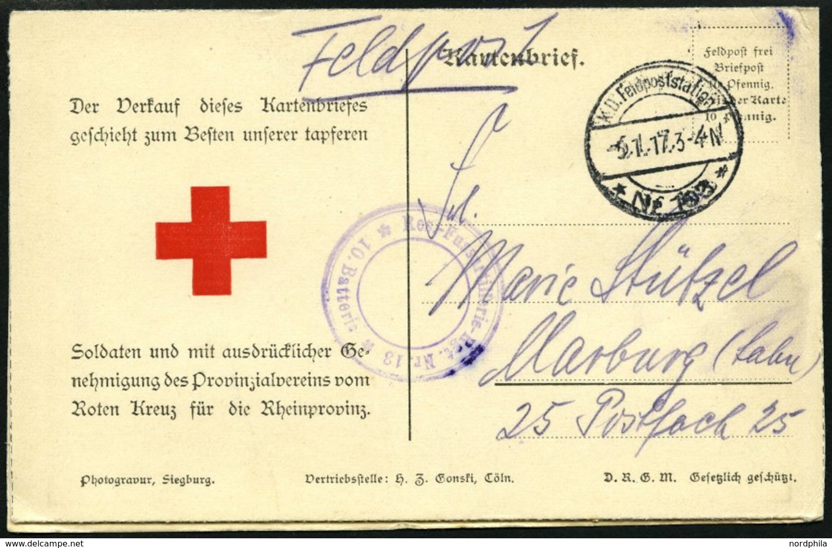 FELDPOST I.WK 1917, Feldpost-Kartenbrief, Feldpost-Station No. 103, Aufdruckkarte Zum Besten Des Roten Kreuzes Der Rhein - Oblitérés