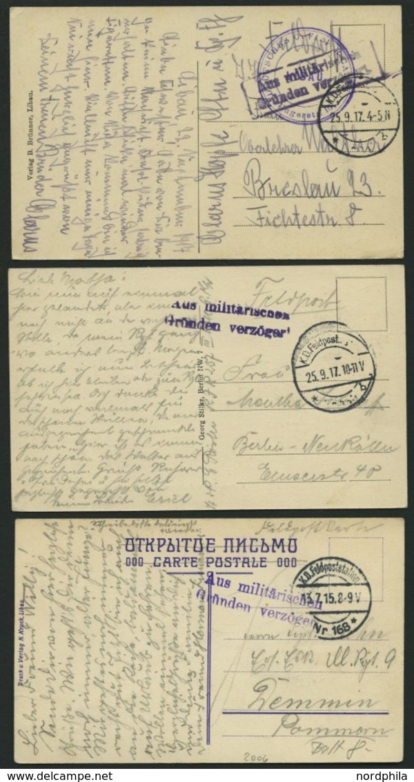 FELDPOST I.WK 1915/17, 7 Feldpostkarten Aus Dem Baltikum, Mit Verschiedenen Stempeln Aus Militärischen Gründen Verzögert - Usados