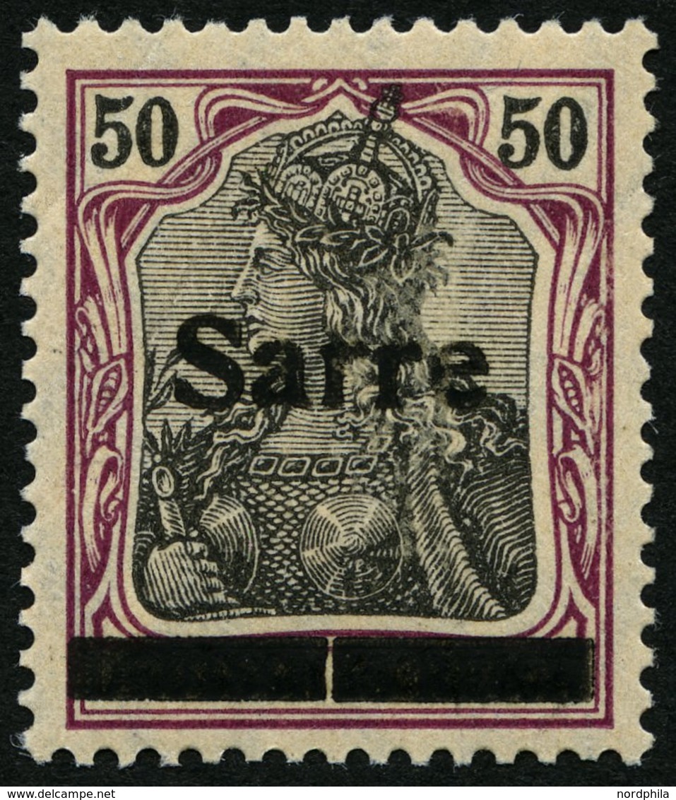 SAARGEBIET 13yIA **, 1920, 50 Pf. Dunkelbräunlichlila/schwarz Auf Orangeweiß, In Der Mitte Senkrecht Geteilter Balken, L - Autres & Non Classés