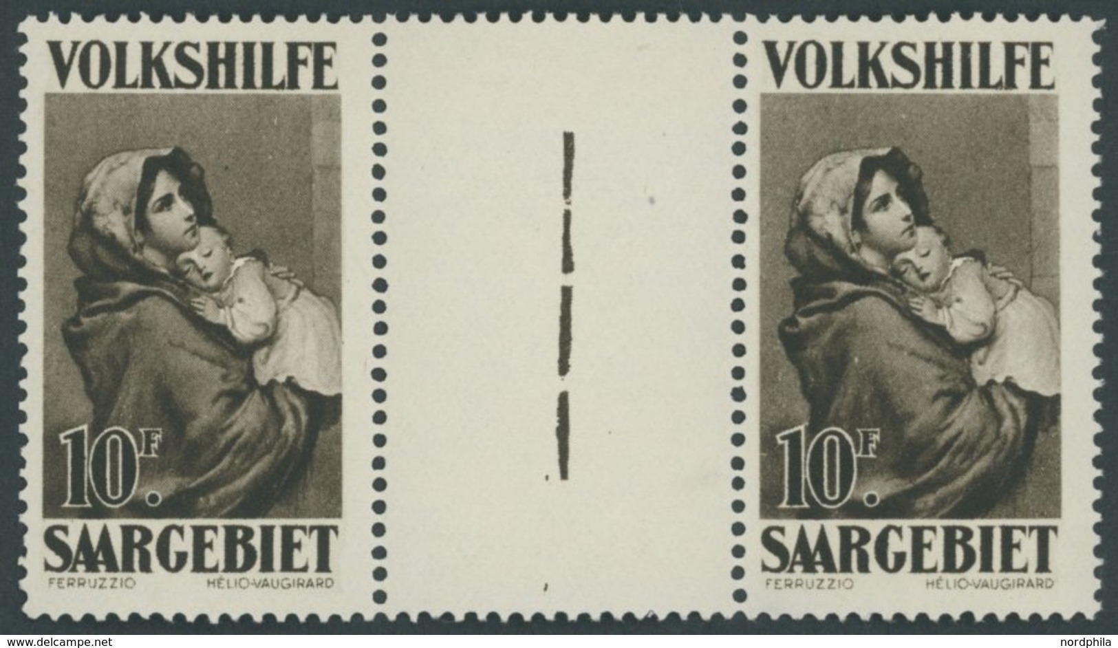 SAARGEBIET 141ZW **, 1929, 10 Fr. Gemälde II Im Zwischenstegpaar, Pracht, Mi. 500.- - Sonstige & Ohne Zuordnung
