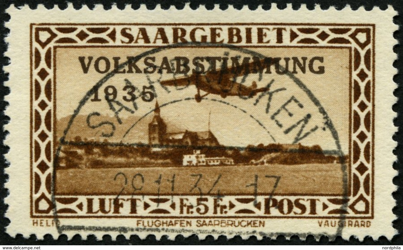 SAARGEBIET 198I O, 1934, 5 Fr. Flugpost Volksabstimmung Mit Abart Blitzableiter Auf Dem Kirchendach, Pracht, Gepr. U.a.  - Otros & Sin Clasificación